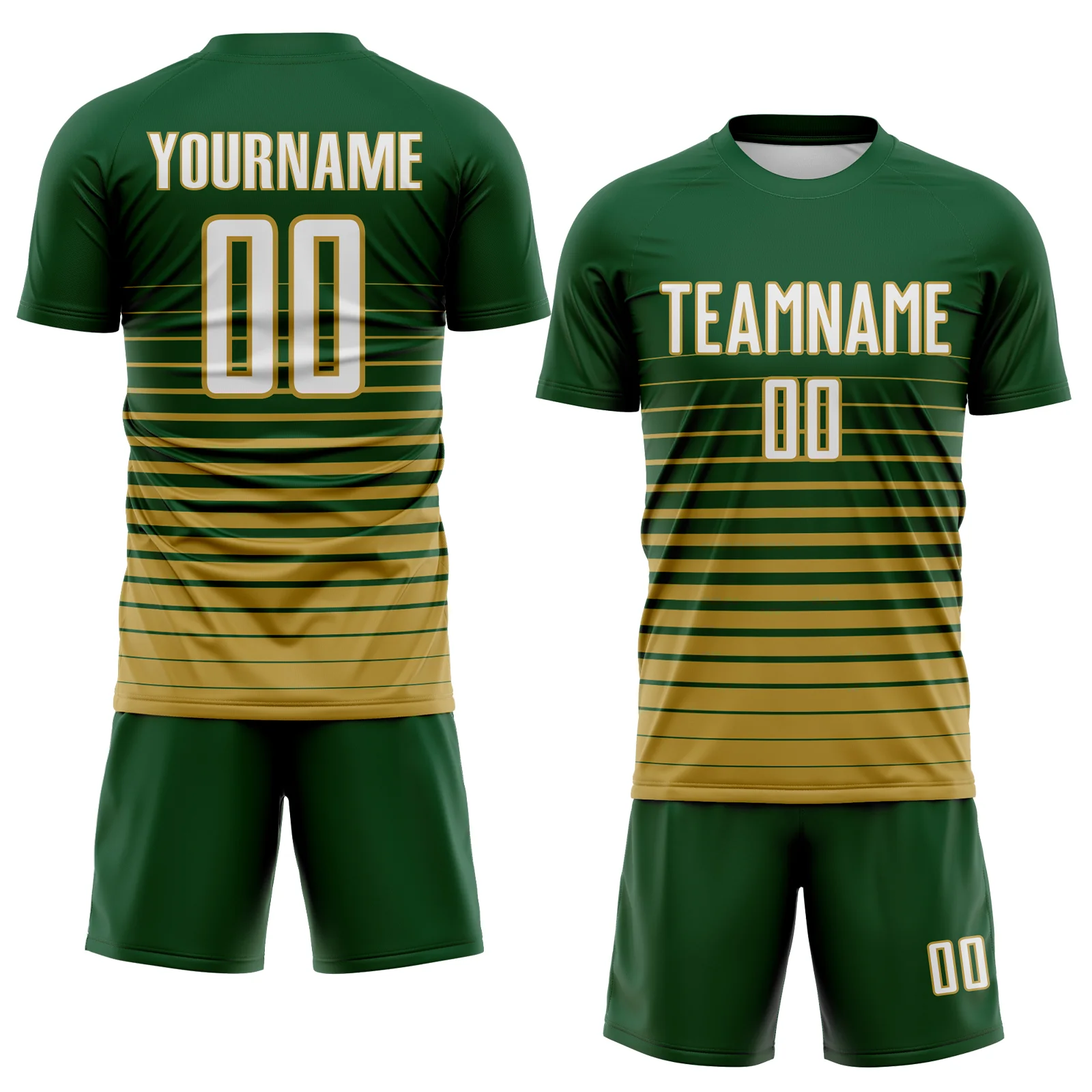 Custom Green White-Old Gold Gradient Pinstripe Sublimation Soccer Uniform Jersey - Image 2
