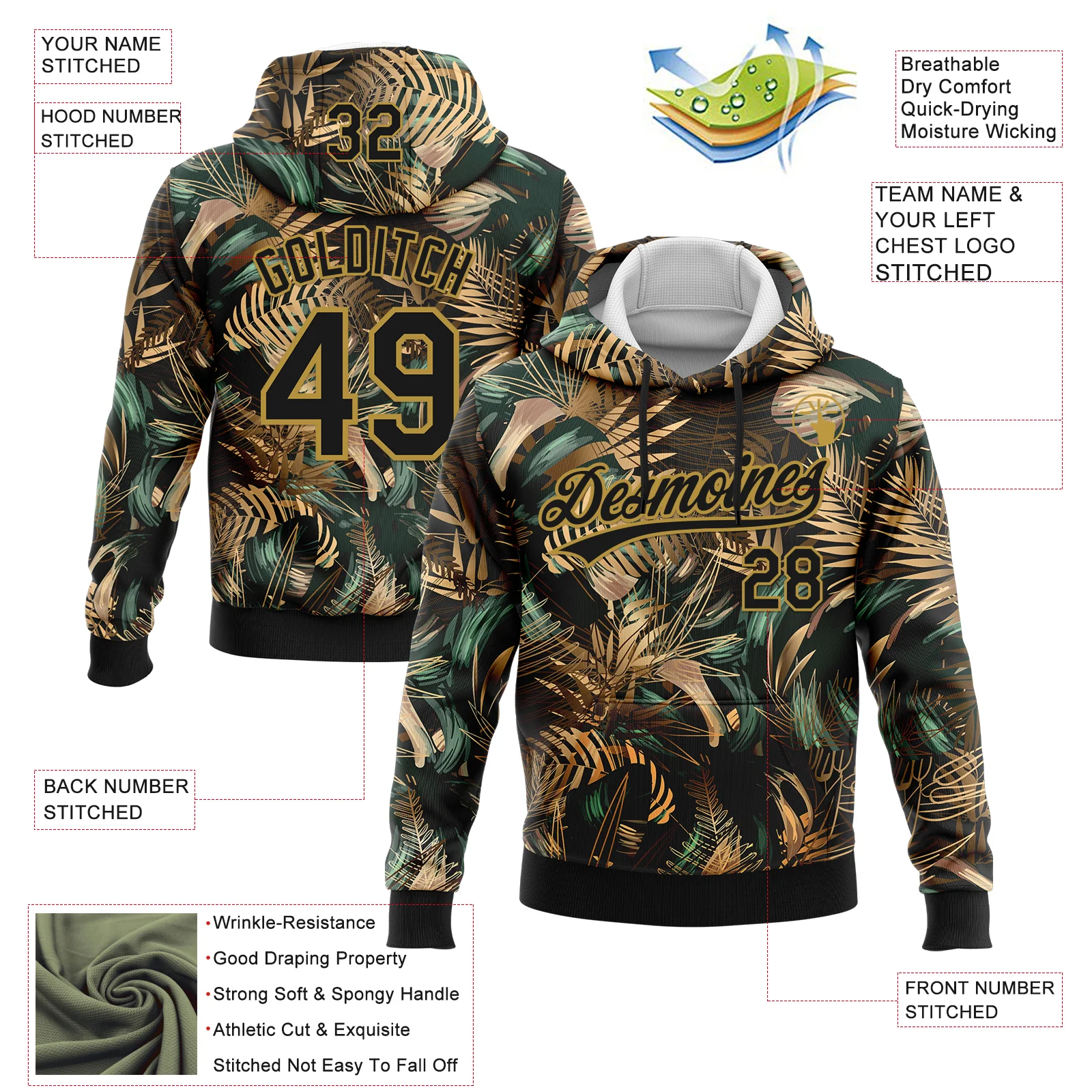 Custom Stitched Black Old Gold 3D Tropical Leaves In The Style Of Jungle And Hawaii Sports Pullover Sweatshirt Hoodie - Image 2