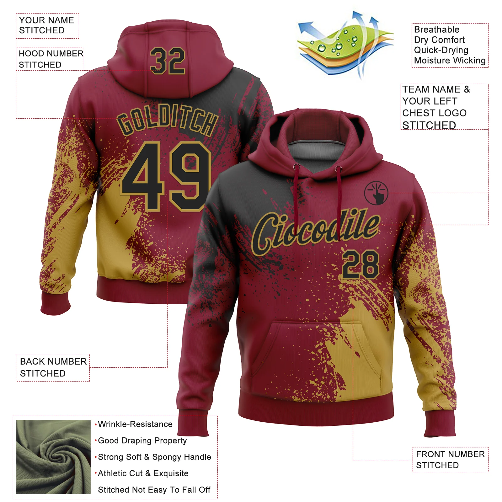 Custom Stitched Crimson Black-Old Gold 3D Pattern Design Abstract Brush Stroke Sports Pullover Sweatshirt Hoodie - Image 2