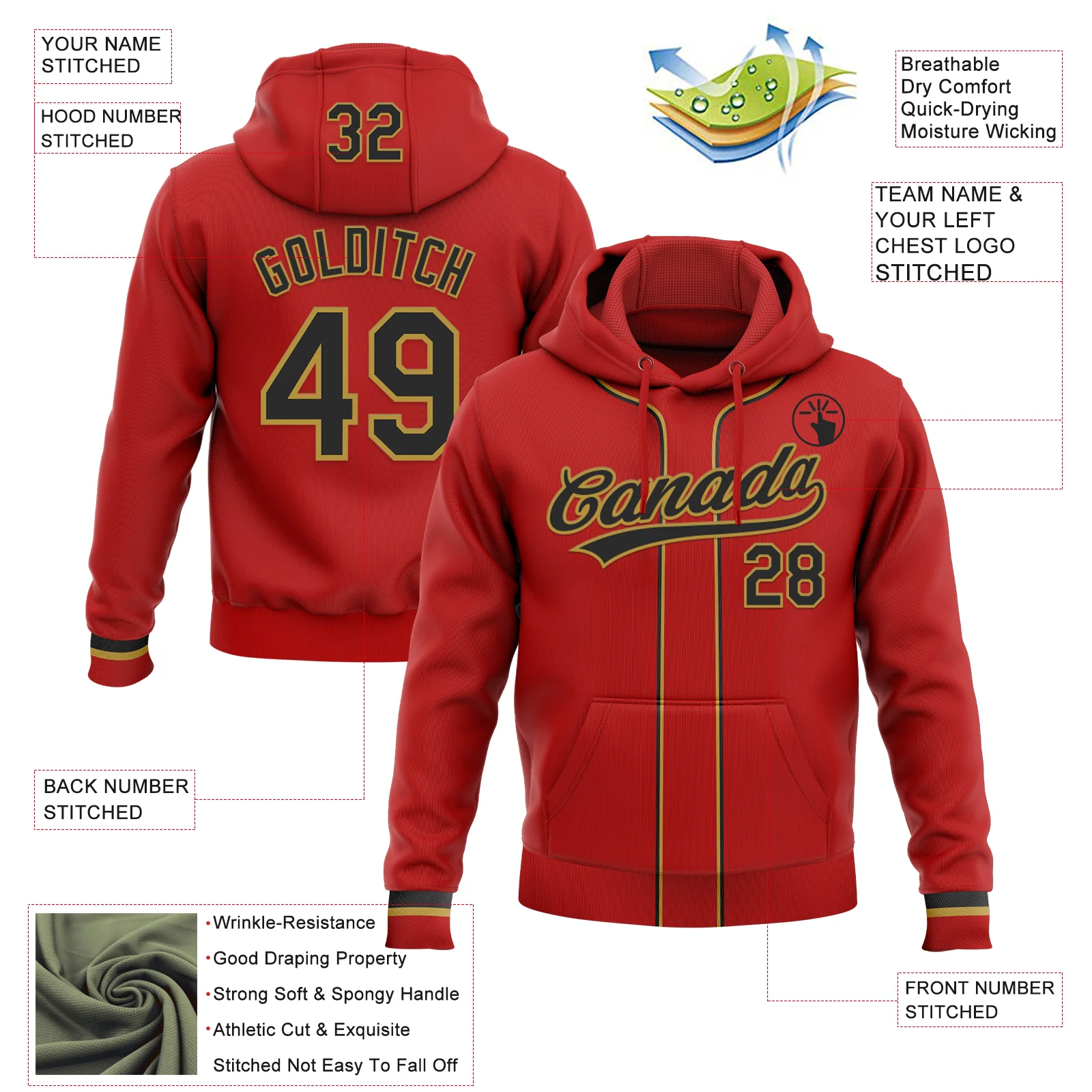 Custom Stitched Red Black-Old Gold Baseball Pullover Sweatshirt Hoodie - Image 2