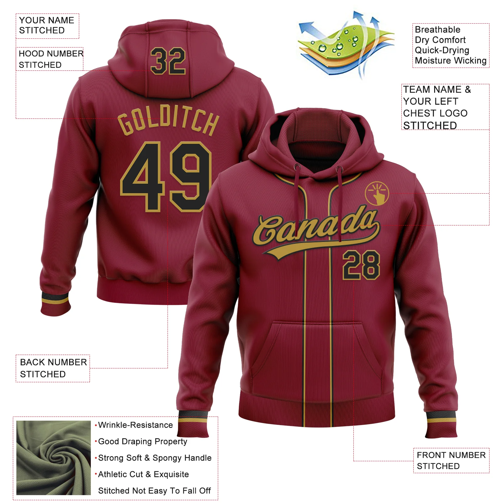 Custom Stitched Crimson Black-Old Gold Baseball Pullover Sweatshirt Hoodie - Image 2