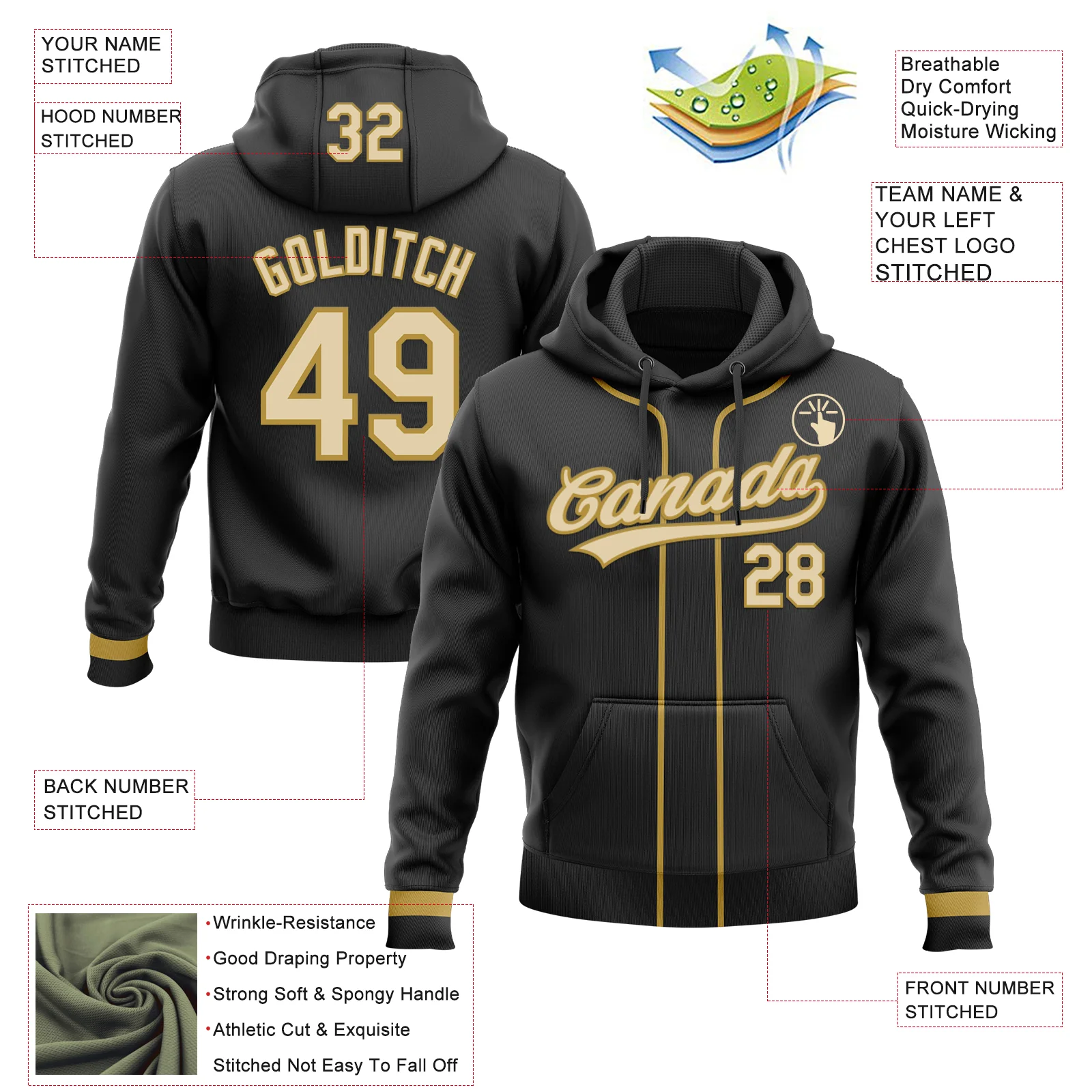 Custom Stitched Black Cream-Old Gold Baseball Pullover Sweatshirt Hoodie - Image 2