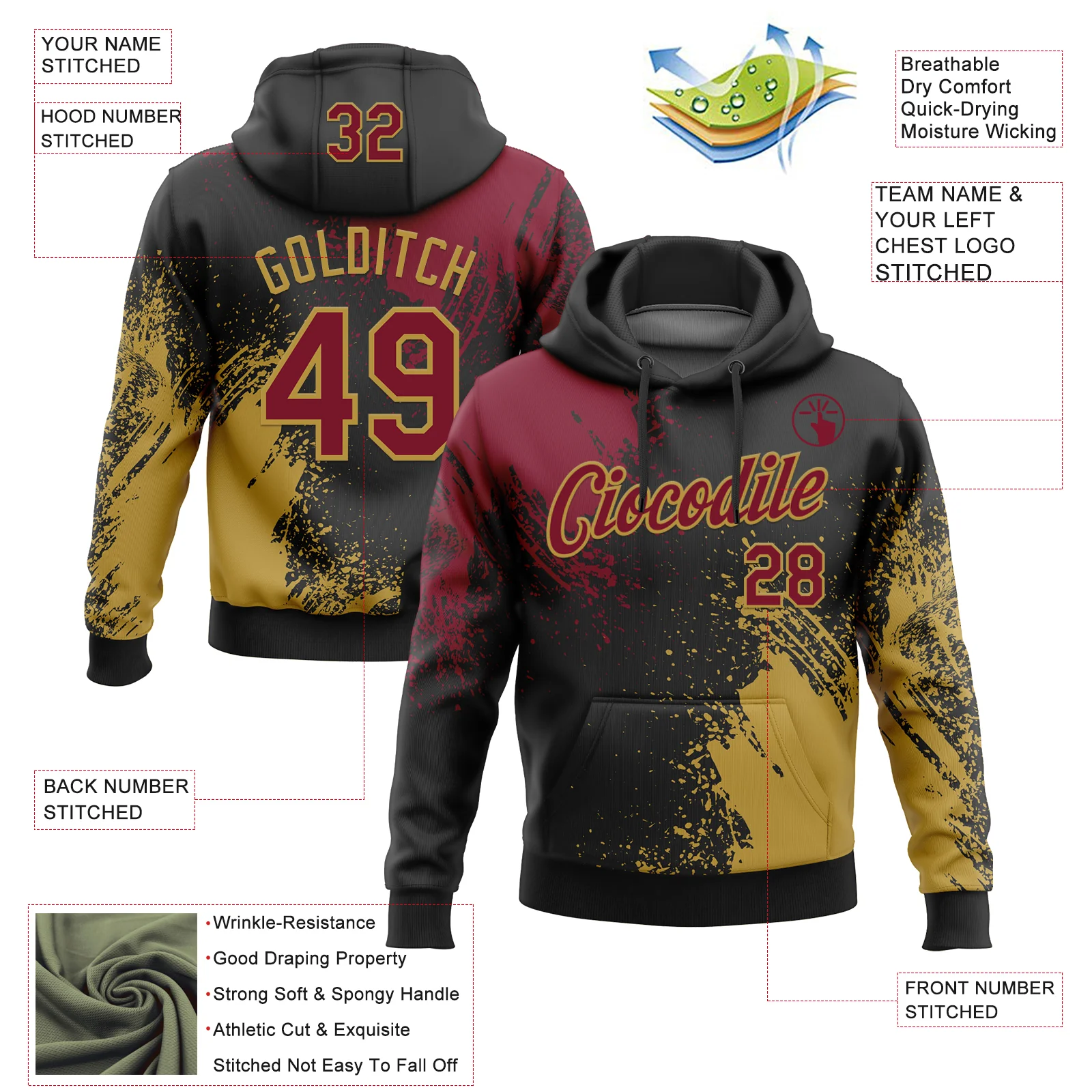 Custom Stitched Black Crimson-Old Gold 3D Pattern Design Abstract Brush Stroke Sports Pullover Sweatshirt Hoodie - Image 2