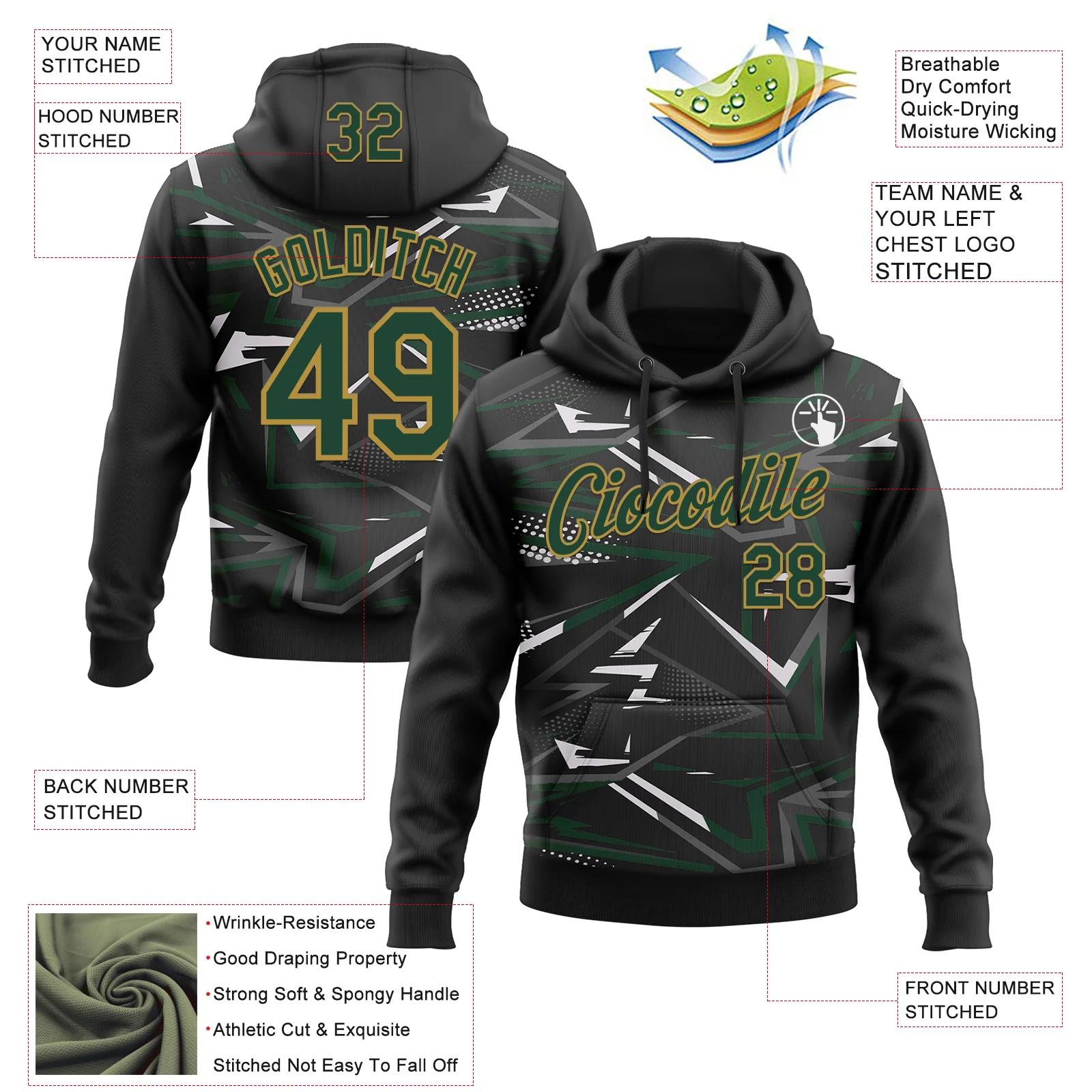 Custom Stitched Black Green Old Gold-White 3D Pattern Design Line Sports Pullover Sweatshirt Hoodie - Image 2