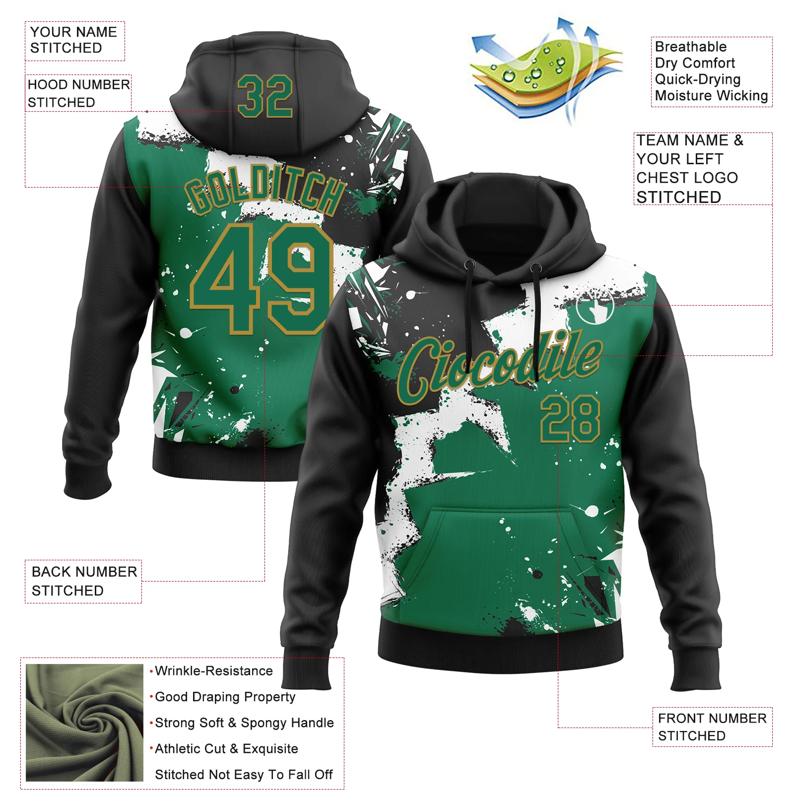 Custom Stitched Black Kelly Green Old Gold-White 3D Pattern Design Splash Torn Paper Style Sports Pullover Sweatshirt Hoodie - Image 2