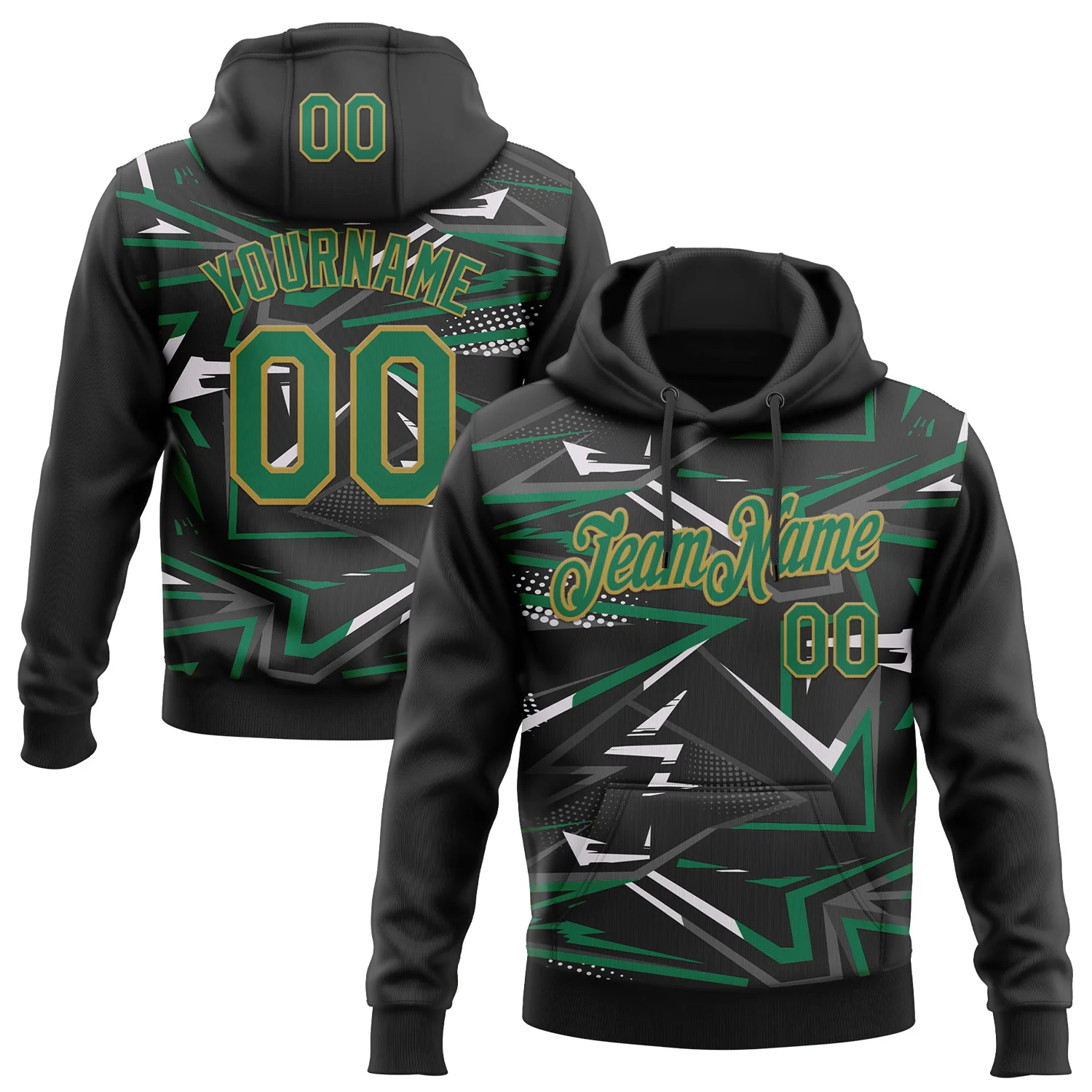 Custom Stitched Black Kelly Green Old Gold-White 3D Pattern Design Line Sports Pullover Sweatshirt Hoodie
