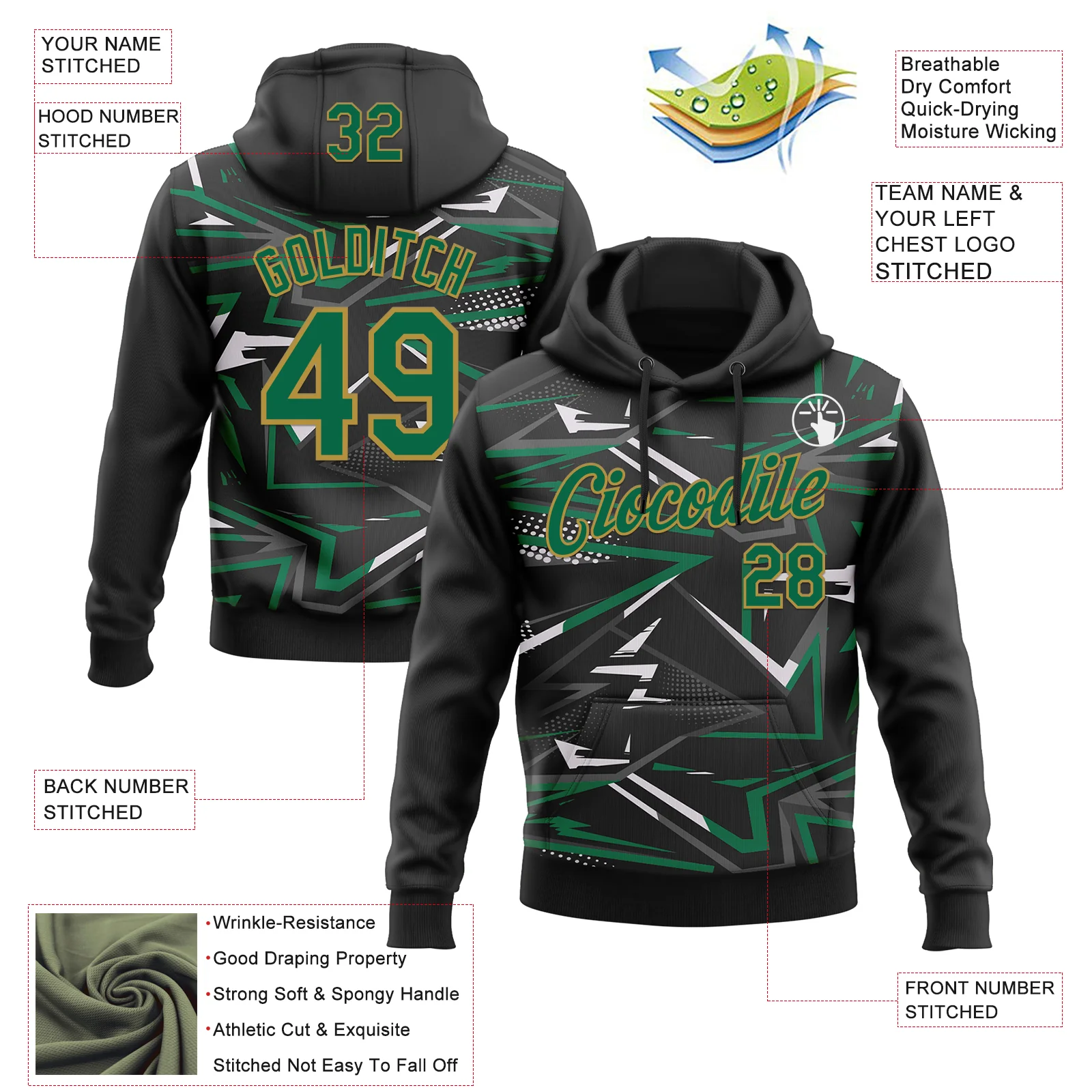 Custom Stitched Black Kelly Green Old Gold-White 3D Pattern Design Line Sports Pullover Sweatshirt Hoodie - Image 2