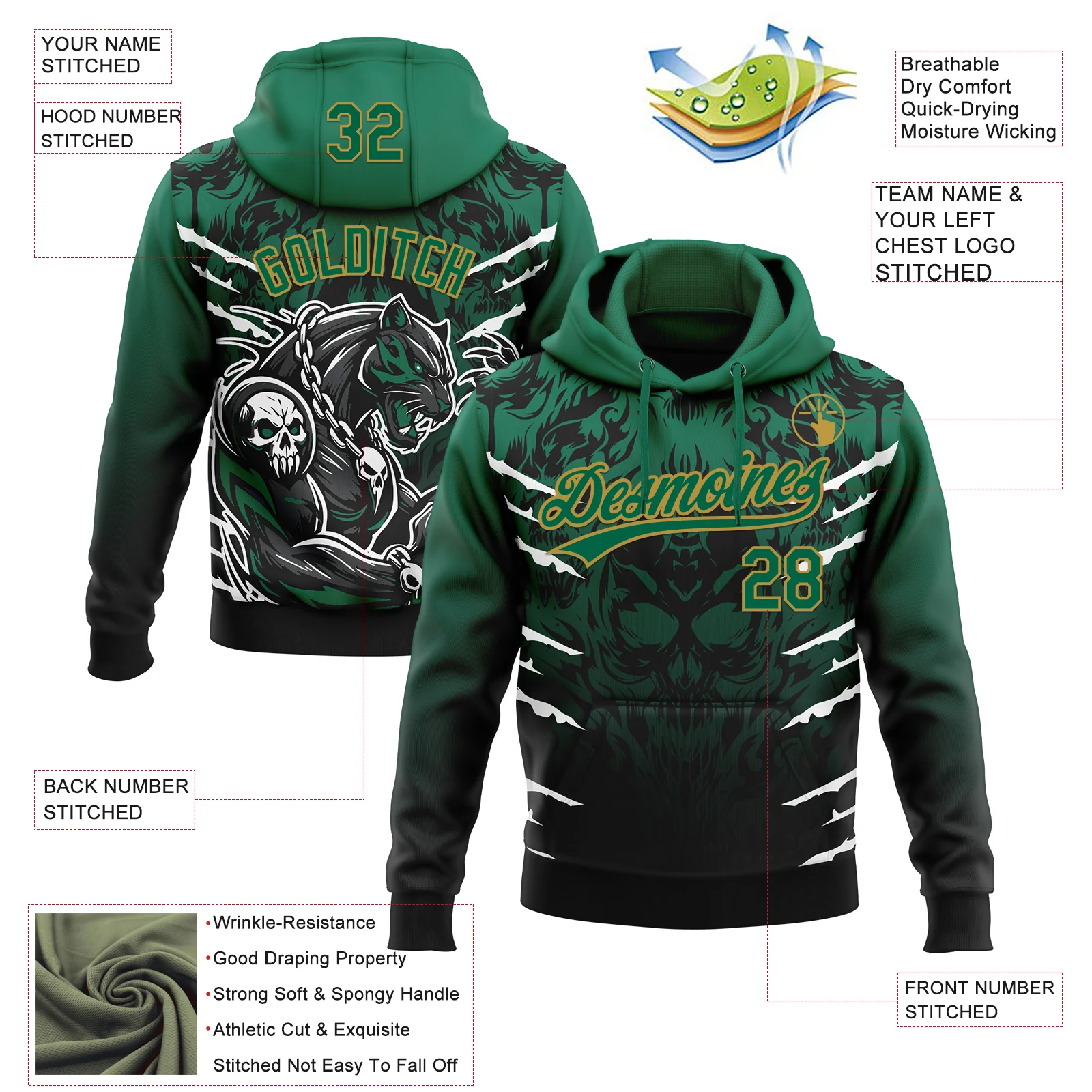 Custom Stitched Black Kelly Green-Old Gold 3D Pattern Design Leopardo Sports Pullover Sweatshirt Hoodie - Image 2
