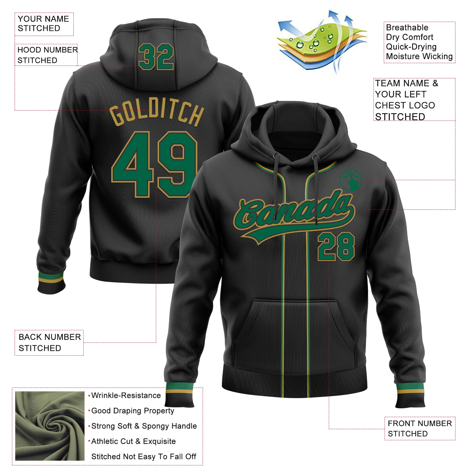 Custom Stitched Black Kelly Green-Old Gold Baseball Pullover Sweatshirt Hoodie - Image 2