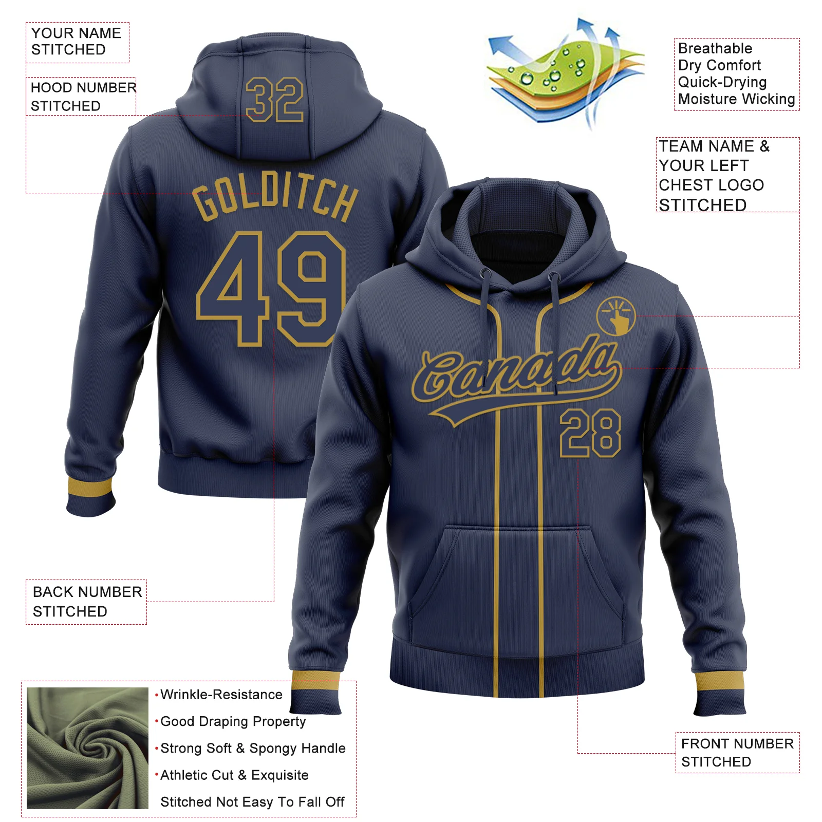 Custom Stitched Navy Old Gold Baseball Pullover Sweatshirt Hoodie - Image 2