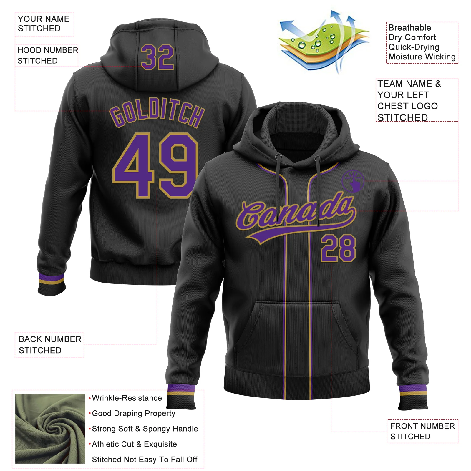 Custom Stitched Black Purple-Old Gold Baseball Pullover Sweatshirt Hoodie - Image 2