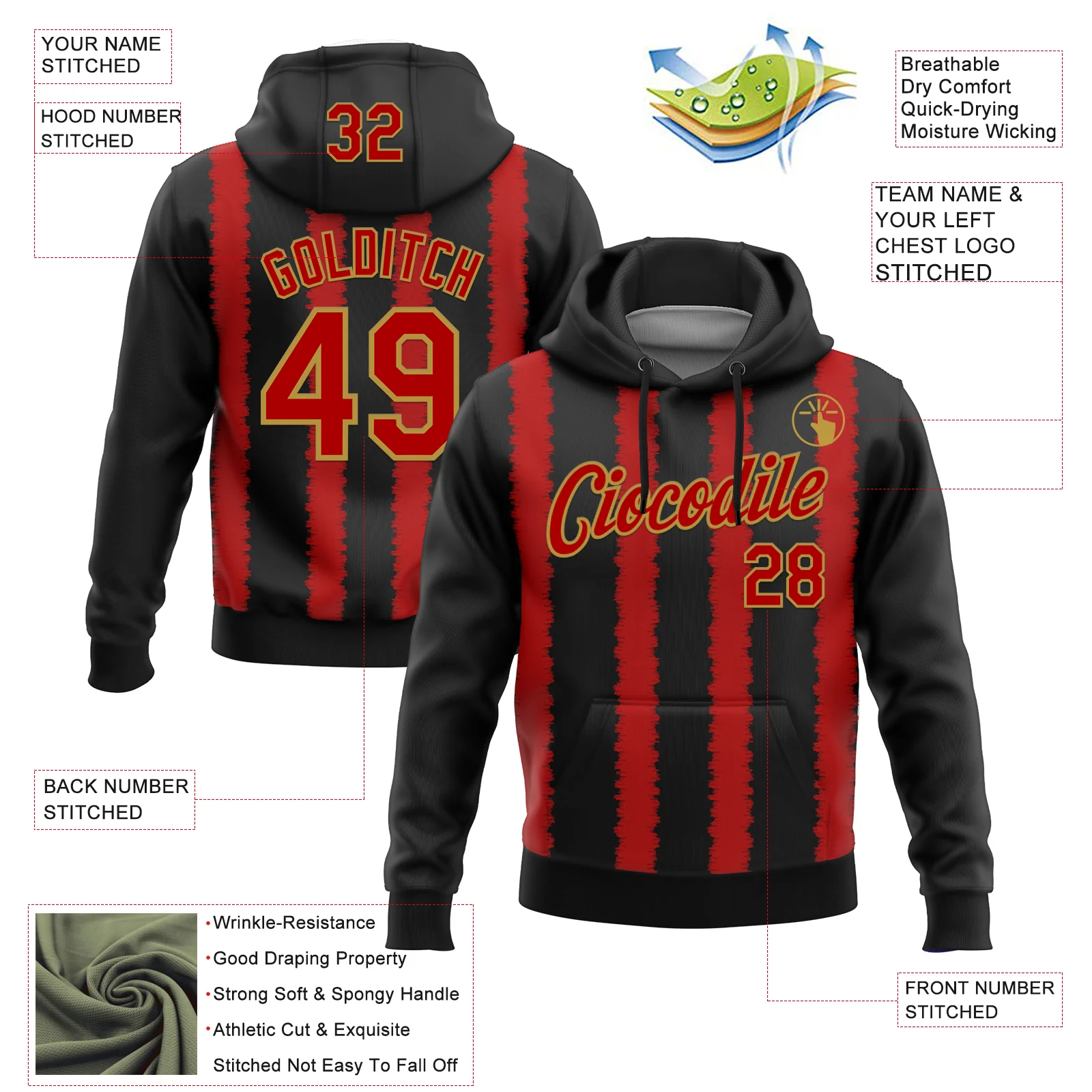 Custom Stitched Black Red-Old Gold 3D Pattern Design Line Sports Pullover Sweatshirt Hoodie - Image 2