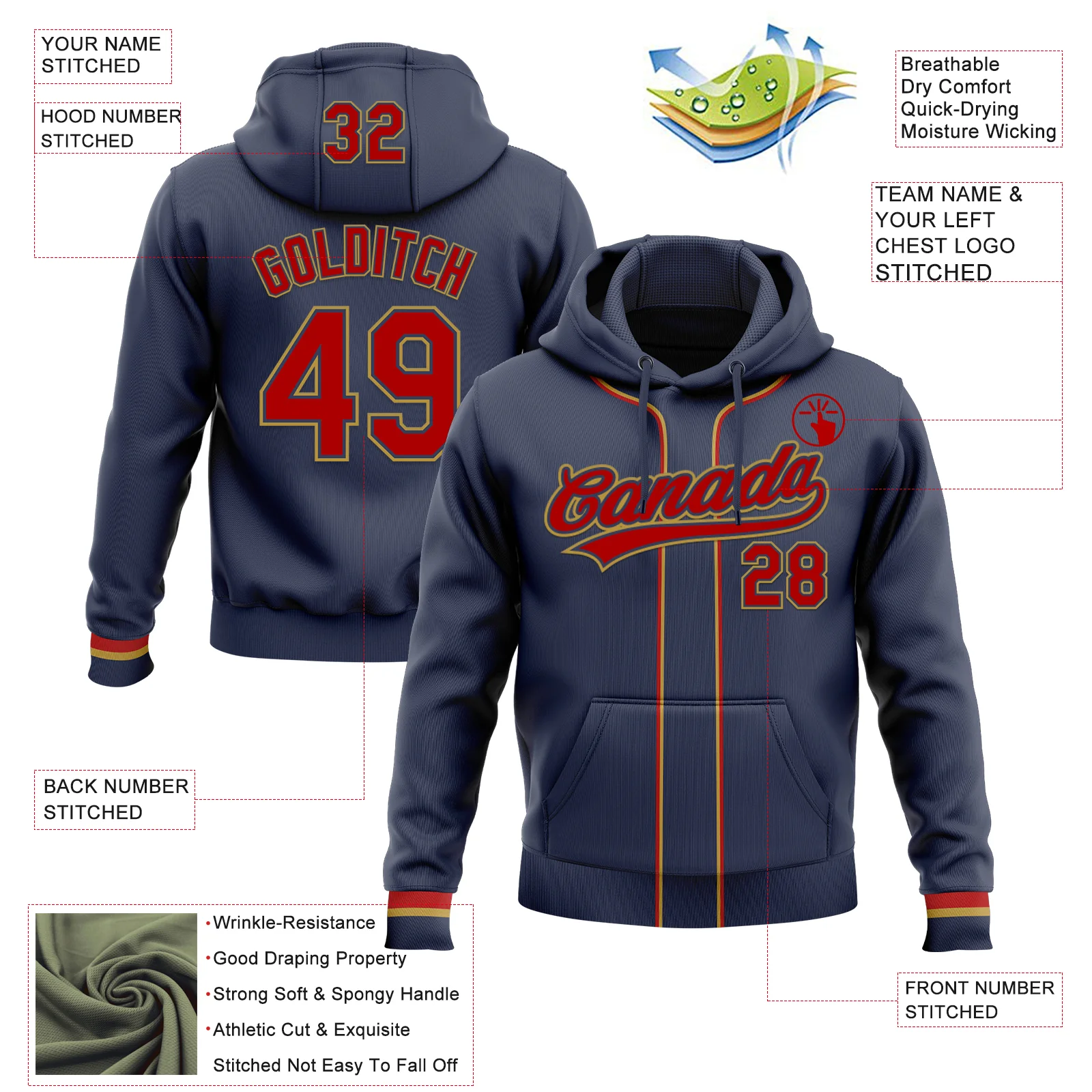 Custom Stitched Navy Red-Old Gold Baseball Pullover Sweatshirt Hoodie - Image 2