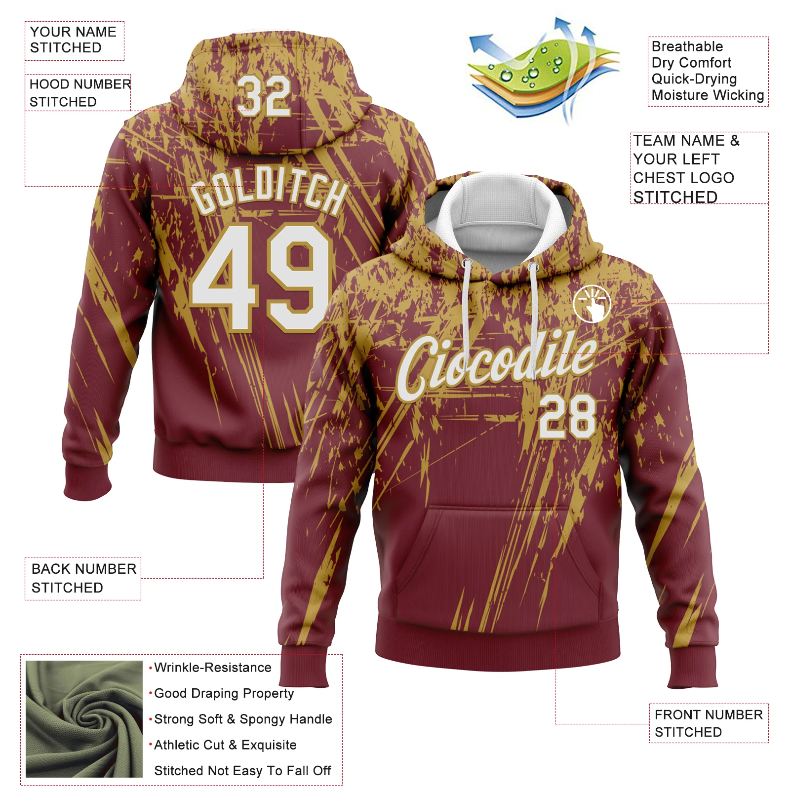 Custom Stitched Burgundy White-Old Gold 3D Pattern Design Splash Grunge Art Sports Pullover Sweatshirt Hoodie - Image 2