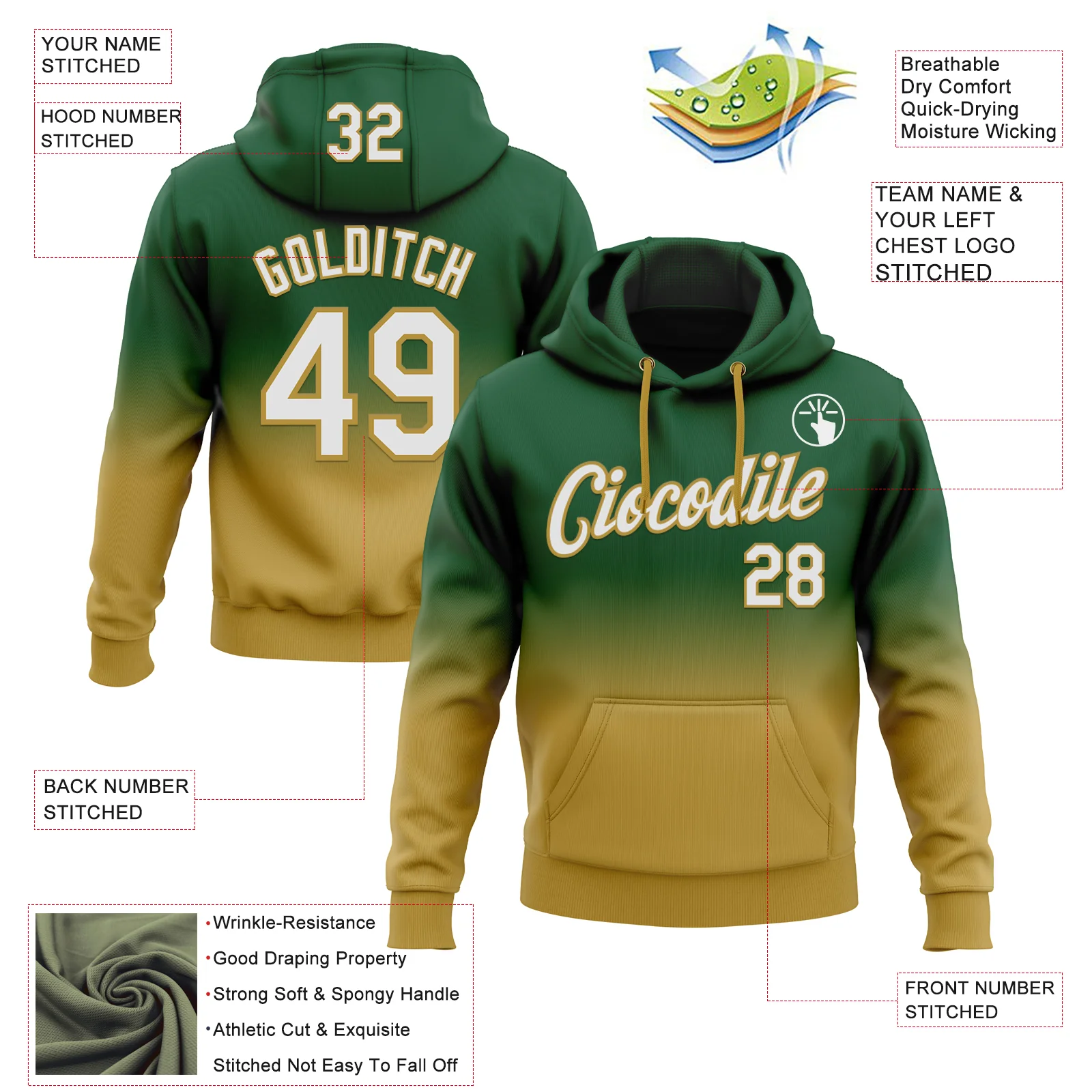 Custom Stitched Green White-Old Gold Fade Fashion Sports Pullover Sweatshirt Hoodie - Image 2