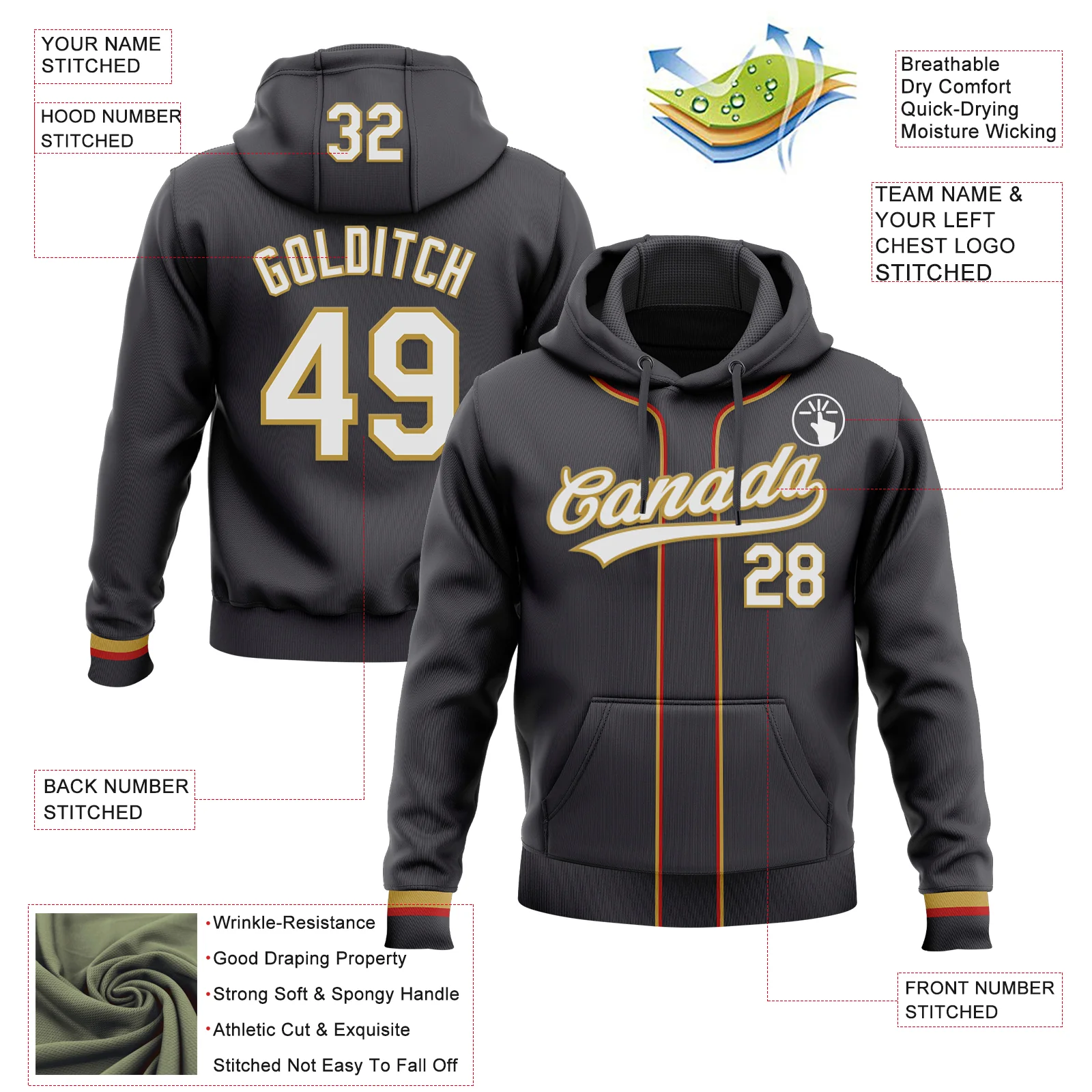Custom Stitched Steel Gray White-Old Gold Baseball Pullover Sweatshirt Hoodie - Image 2