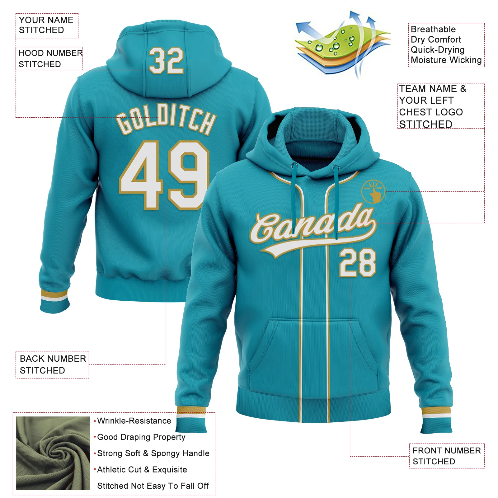 Custom Stitched Teal White-Old Gold Baseball Pullover Sweatshirt Hoodie - Image 2