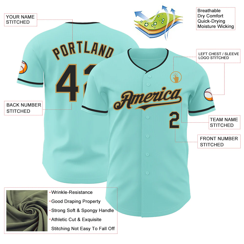 Custom Ice Blue Black-Old Gold Authentic Baseball Jersey - Image 3