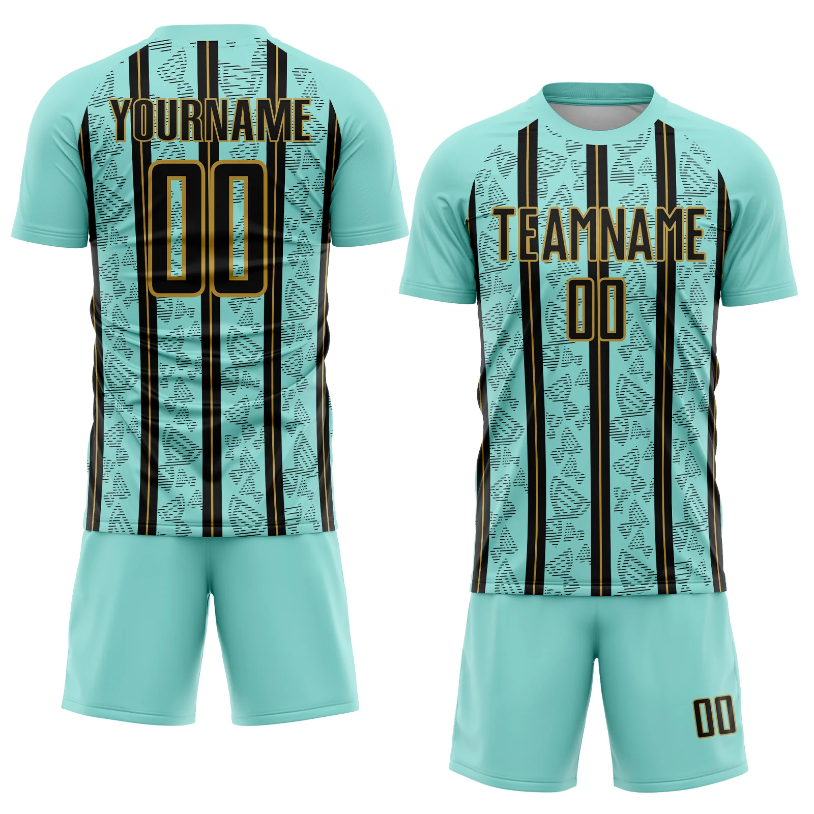 Custom Ice Blue Black-Old Gold Stripe Line Sublimation Soccer Uniform Jersey - Image 2