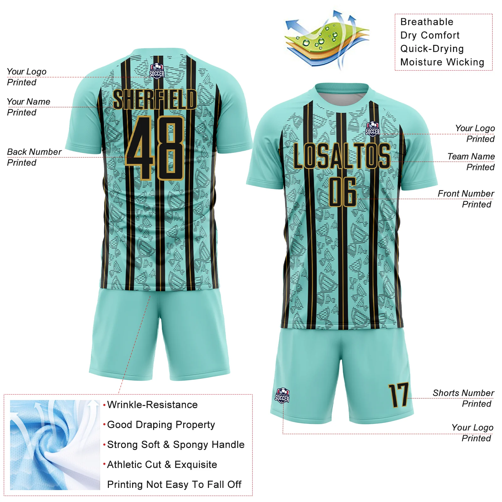 Custom Ice Blue Black-Old Gold Stripe Line Sublimation Soccer Uniform Jersey - Image 4