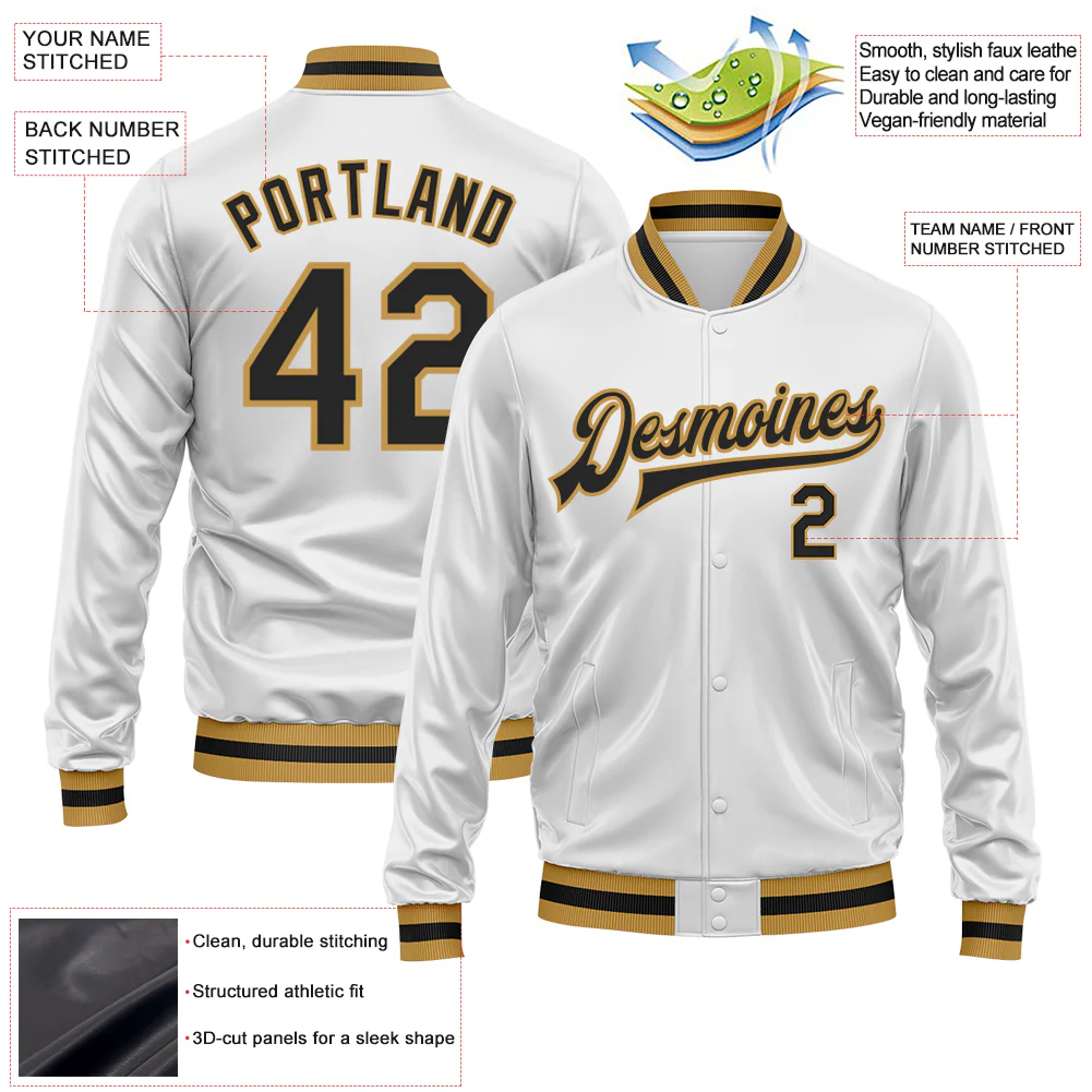 Custom White Black-Old Gold Bomber Full-Snap Varsity Faux Leather Letterman Jacket - Image 2