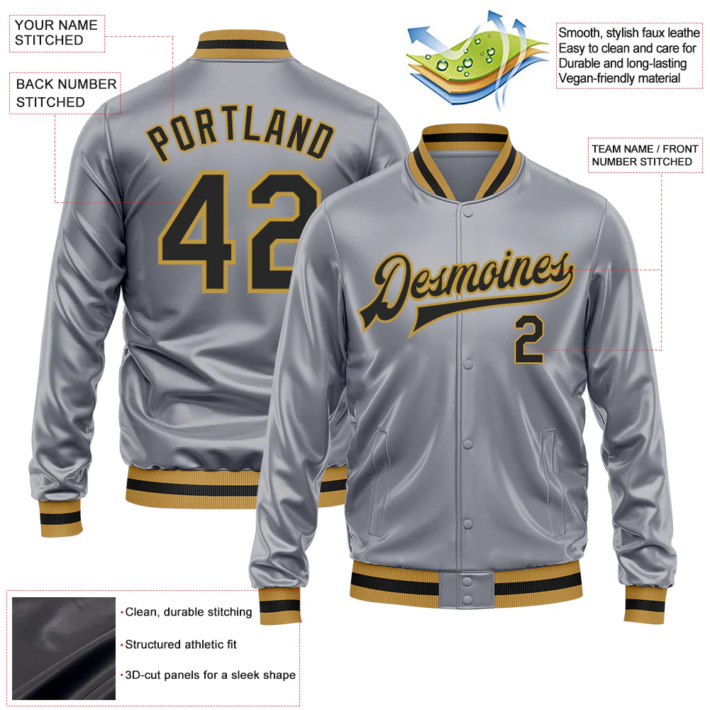 Custom Gray Black-Old Gold Bomber Full-Snap Varsity Faux Leather Letterman Jacket - Image 2