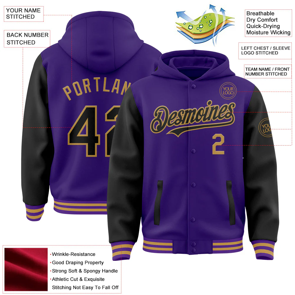 Custom Purple Black-Old Gold Bomber Full-Snap Varsity Letterman Two Tone Hoodie Jacket - Image 4