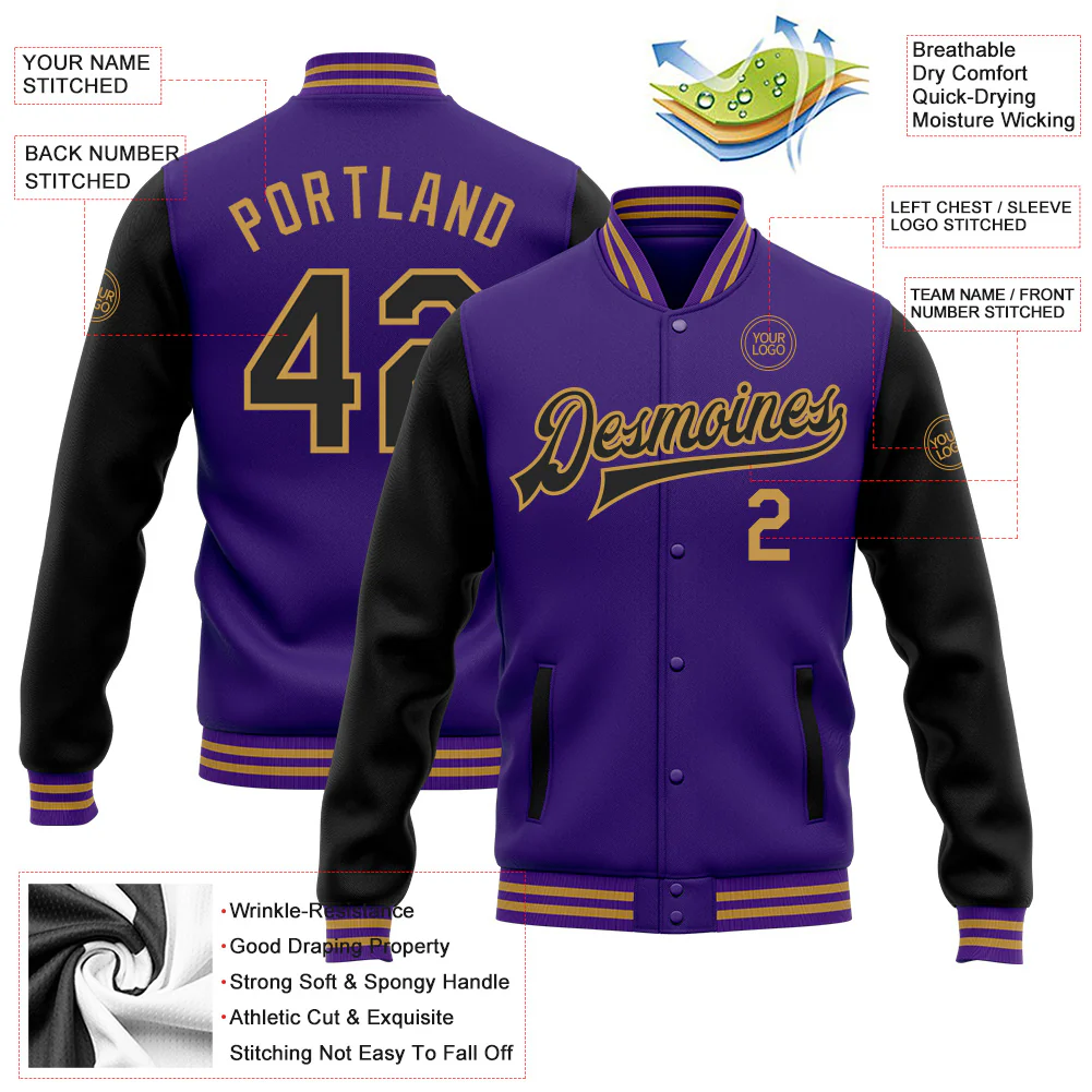 Custom Purple Black-Old Gold Bomber Full-Snap Varsity Letterman Two Tone Jacket - Image 4