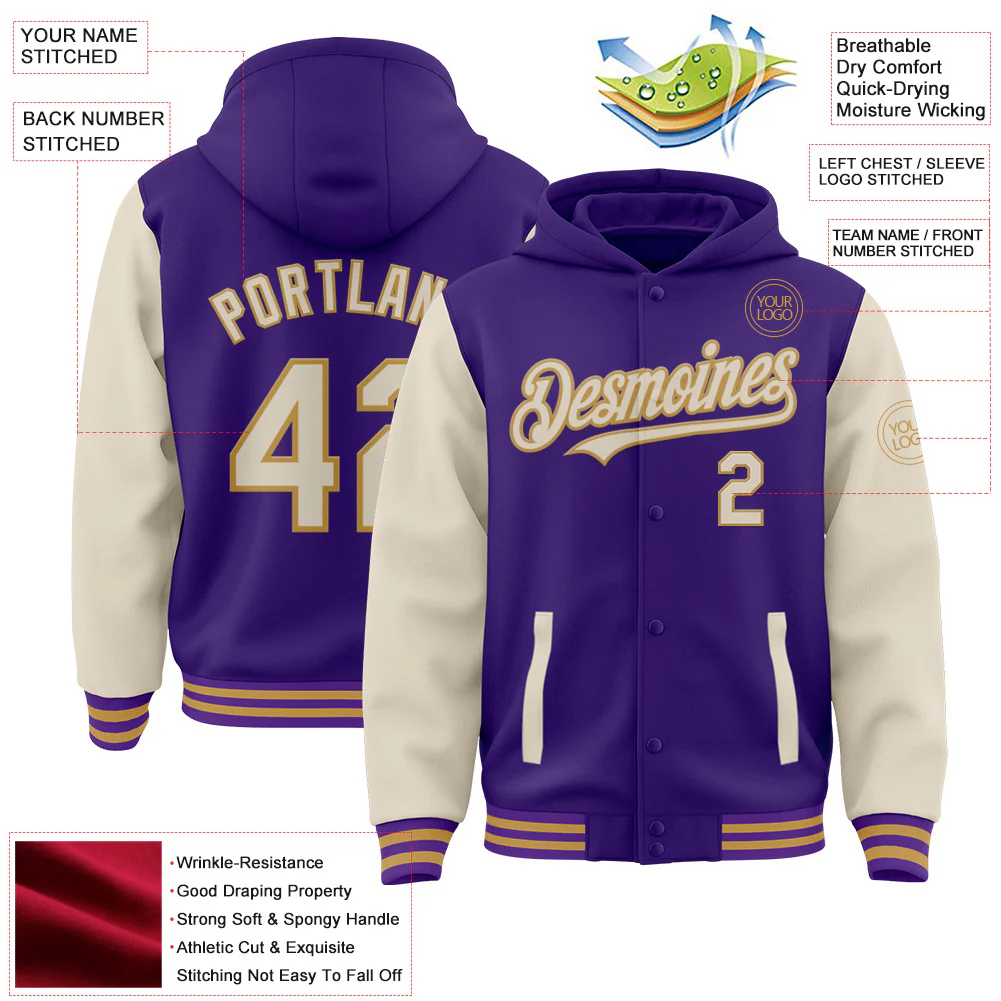 Custom Purple Cream-Old Gold Bomber Full-Snap Varsity Letterman Two Tone Hoodie Jacket - Image 4