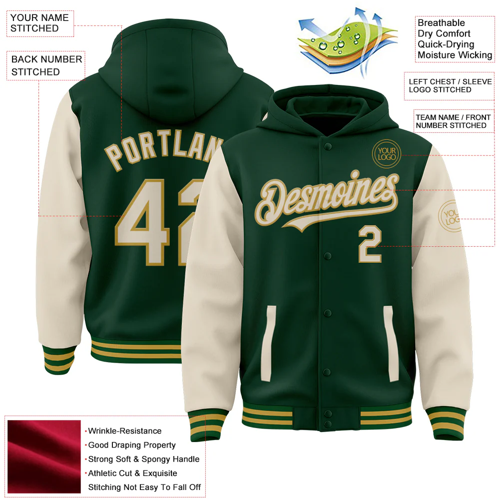 Custom Green Cream-Old Gold Bomber Full-Snap Varsity Letterman Two Tone Hoodie Jacket - Image 4