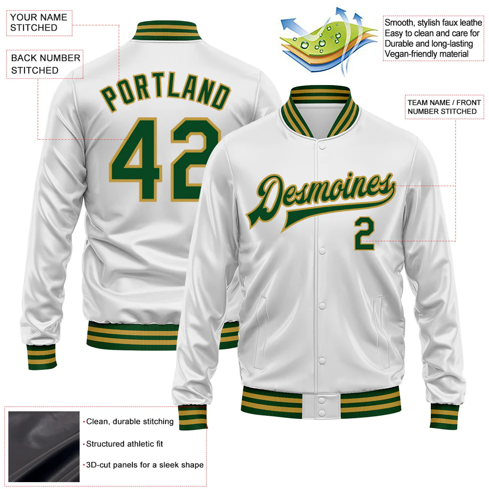 Custom White Green-Old Gold Bomber Full-Snap Varsity Faux Leather Letterman Jacket - Image 2