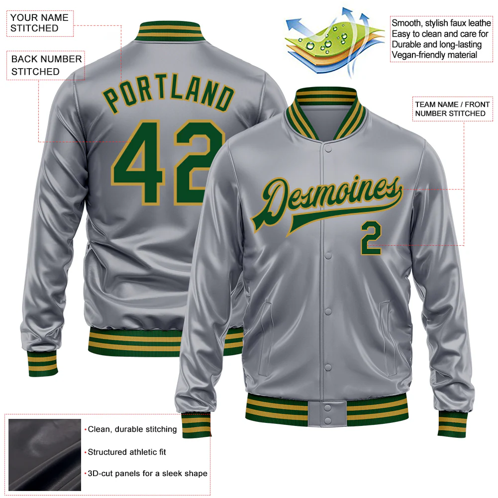 Custom Gray Green-Old Gold Bomber Full-Snap Varsity Faux Leather Letterman Jacket - Image 2
