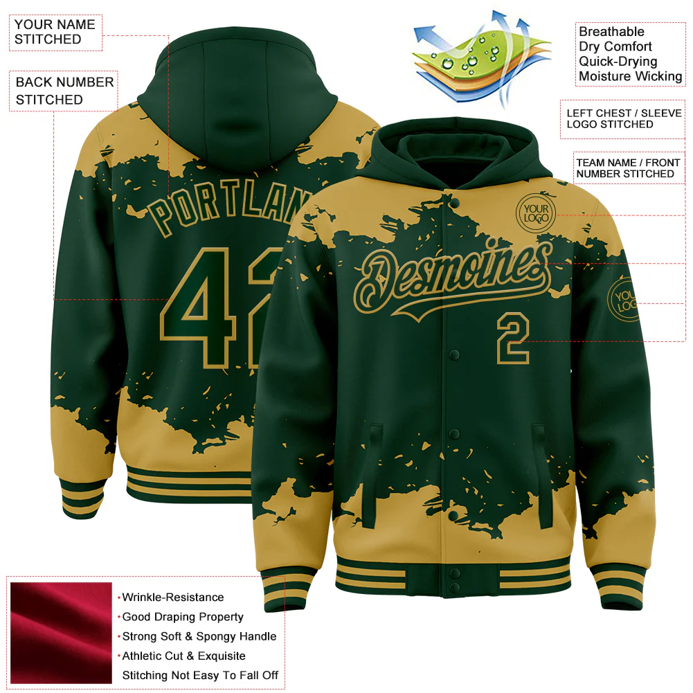 Custom Green Old Gold Splash Art 3D Pattern Design Bomber Full-Snap Varsity Letterman Hoodie Jacket - Image 4