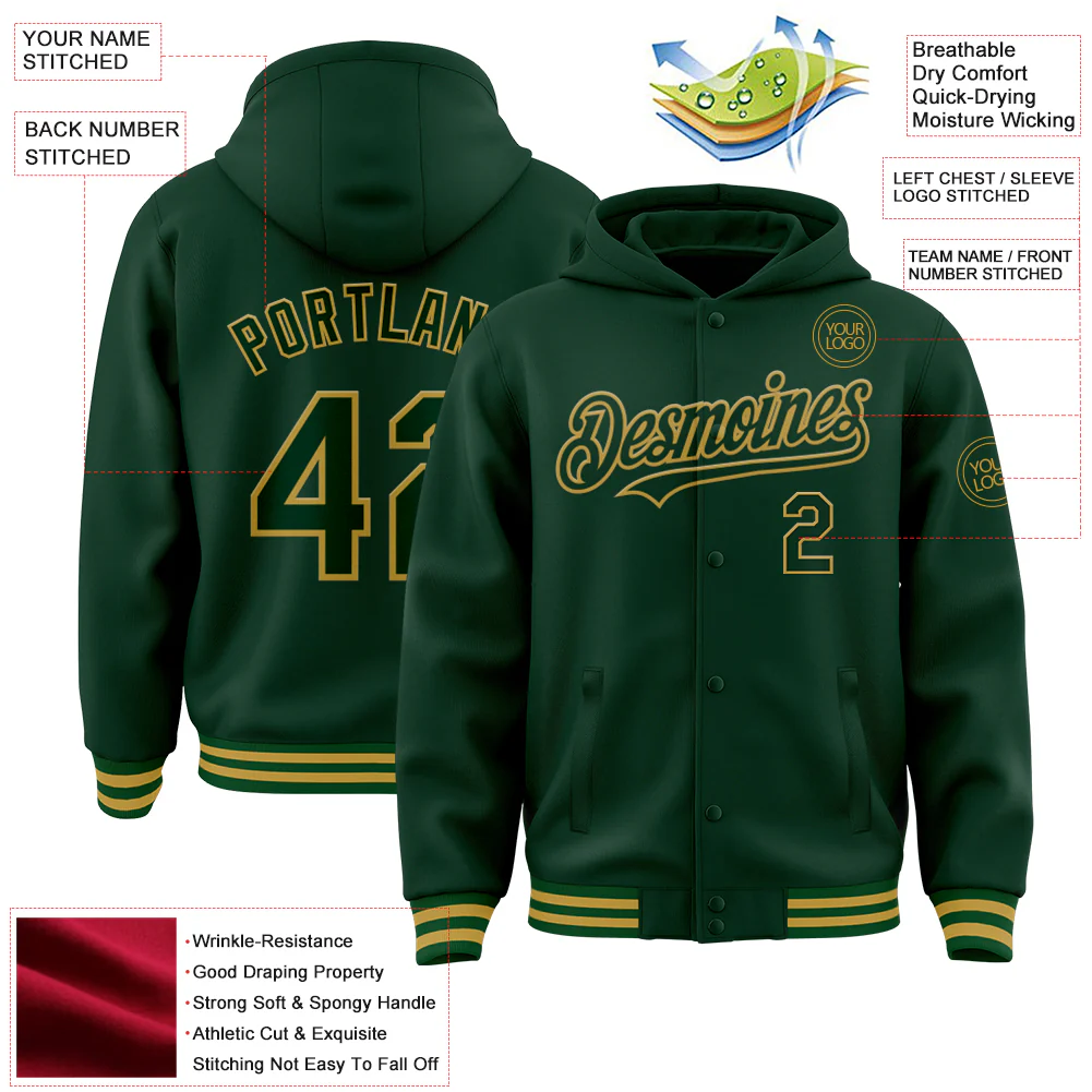 Custom Green Old Gold Bomber Full-Snap Varsity Letterman Hoodie Jacket - Image 4