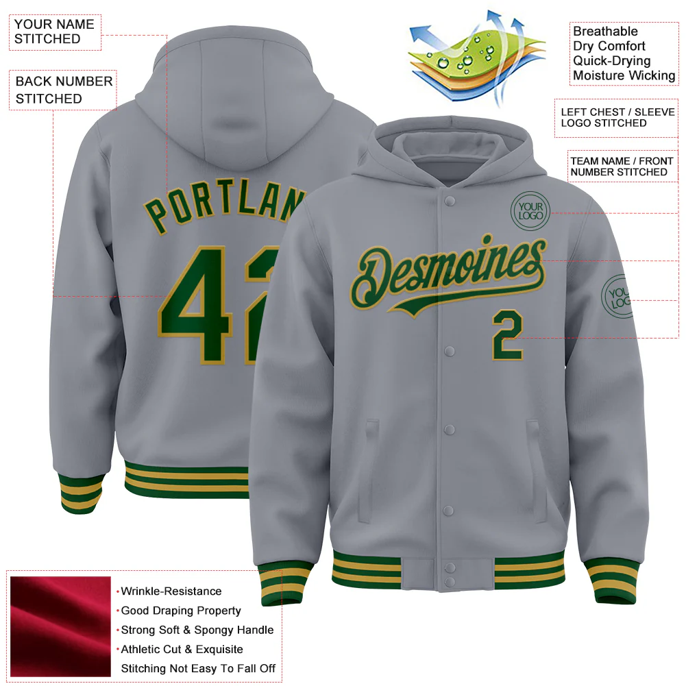 Custom Gray Green-Old Gold Bomber Full-Snap Varsity Letterman Hoodie Jacket - Image 4
