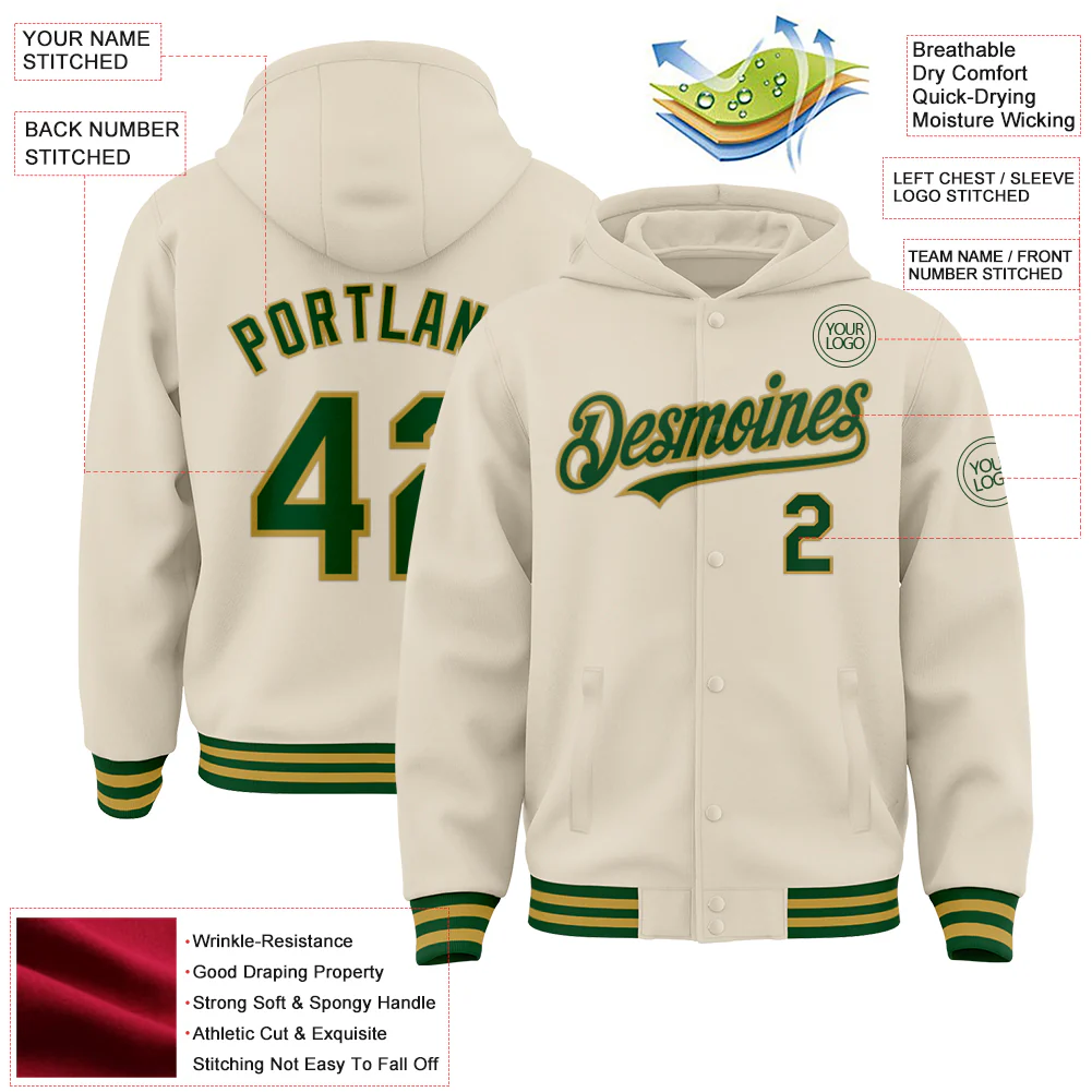 Custom Cream Green-Old Gold Bomber Full-Snap Varsity Letterman Hoodie Jacket - Image 4