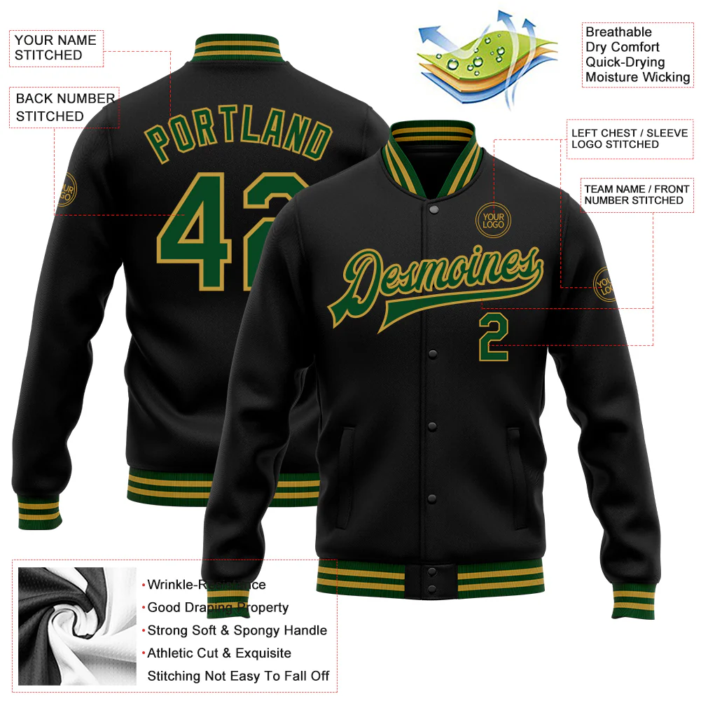 Custom Black Green-Old Gold Bomber Full-Snap Varsity Letterman Jacket - Image 4