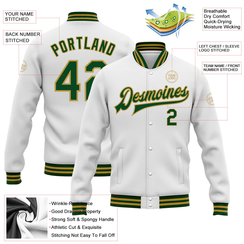 Custom White Green-Old Gold Bomber Full-Snap Varsity Letterman Jacket - Image 4