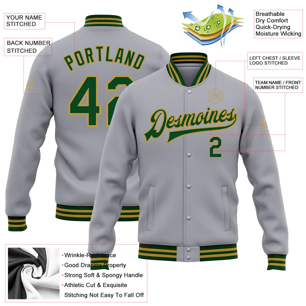 Custom Gray Green-Old Gold Bomber Full-Snap Varsity Letterman Jacket - Image 4
