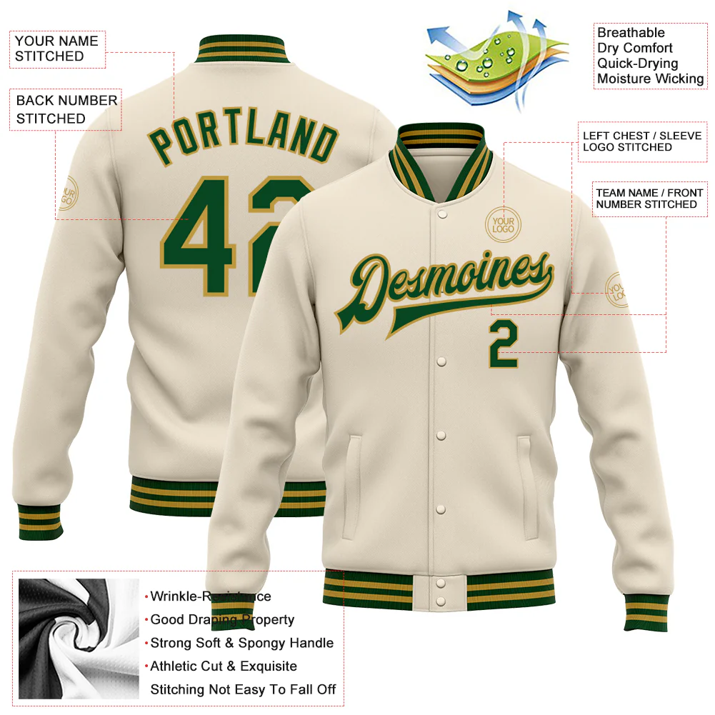 Custom Cream Green-Old Gold Bomber Full-Snap Varsity Letterman Jacket - Image 4