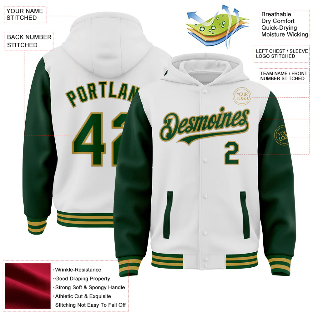 Custom White Green-Old Gold Bomber Full-Snap Varsity Letterman Two Tone Hoodie Jacket - Image 4