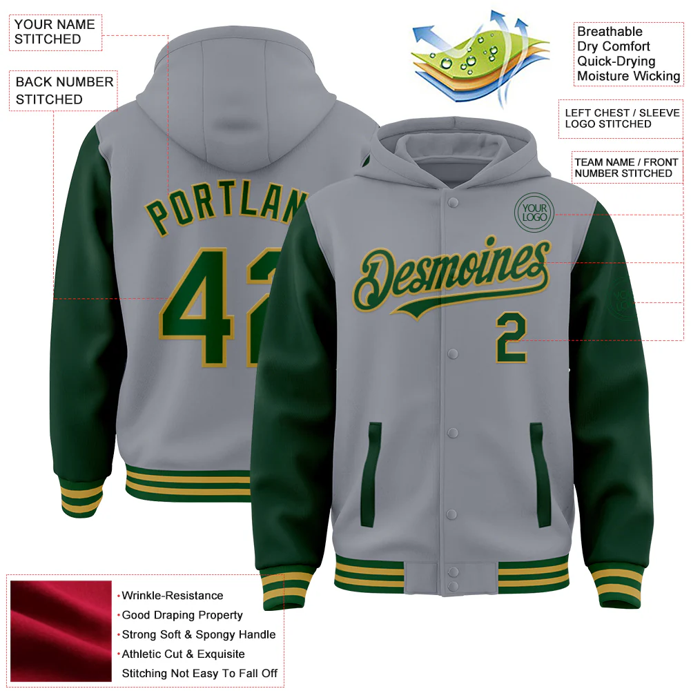 Custom Gray Green-Old Gold Bomber Full-Snap Varsity Letterman Two Tone Hoodie Jacket - Image 4