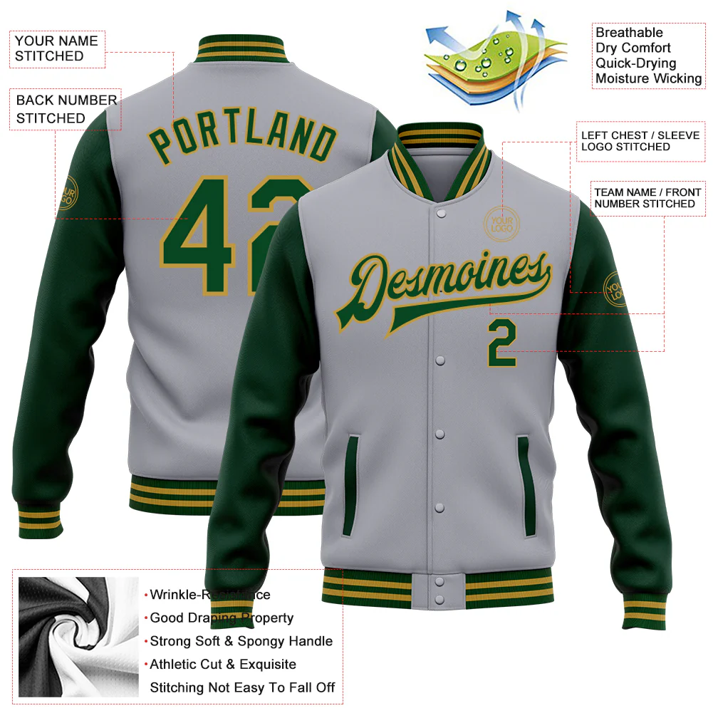 Custom Gray Green-Old Gold Bomber Full-Snap Varsity Letterman Two Tone Jacket - Image 4