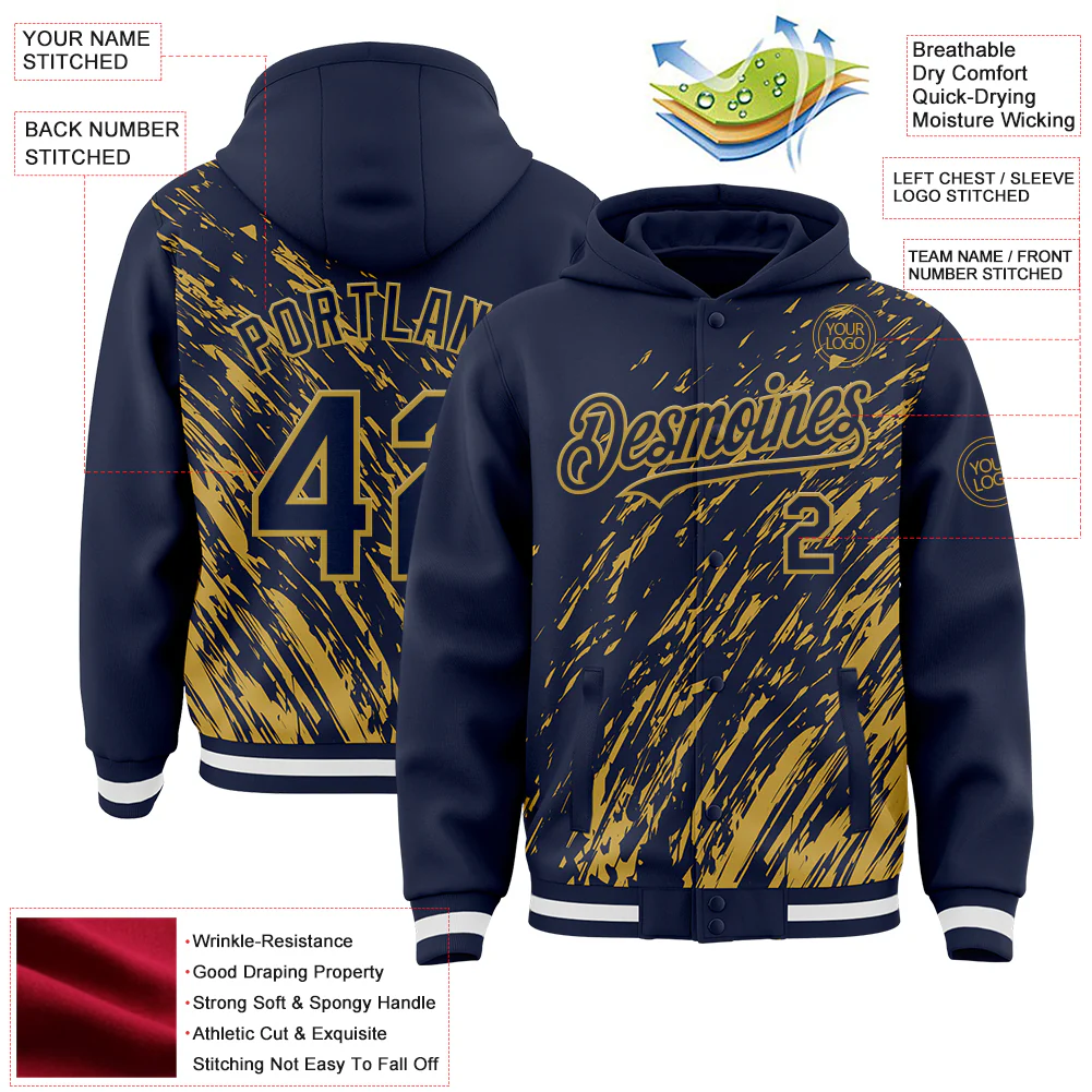 Custom Navy Navy-Old Gold 3D Pattern Design Bomber Full-Snap Varsity Letterman Hoodie Jacket - Image 4