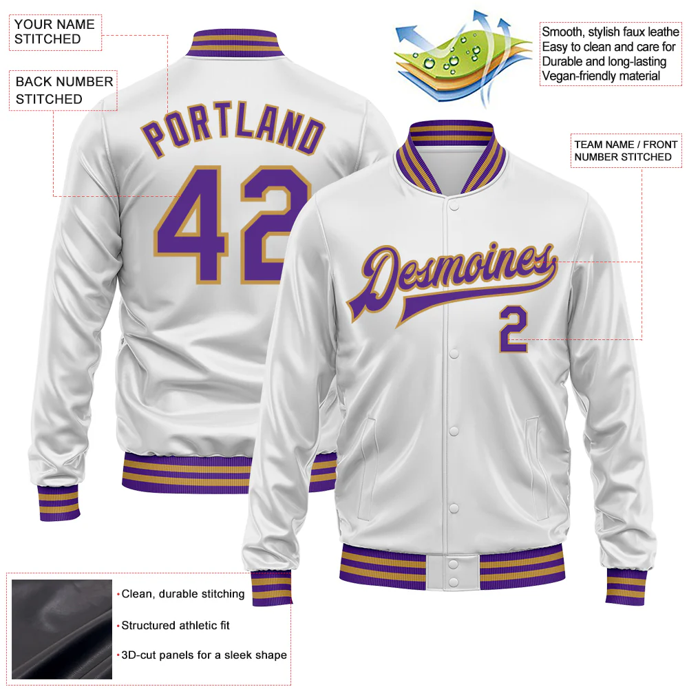 Custom White Purple-Old Gold Bomber Full-Snap Varsity Faux Leather Letterman Jacket - Image 2
