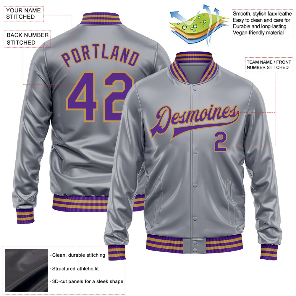 Custom Gray Purple-Old Gold Bomber Full-Snap Varsity Faux Leather Letterman Jacket - Image 2