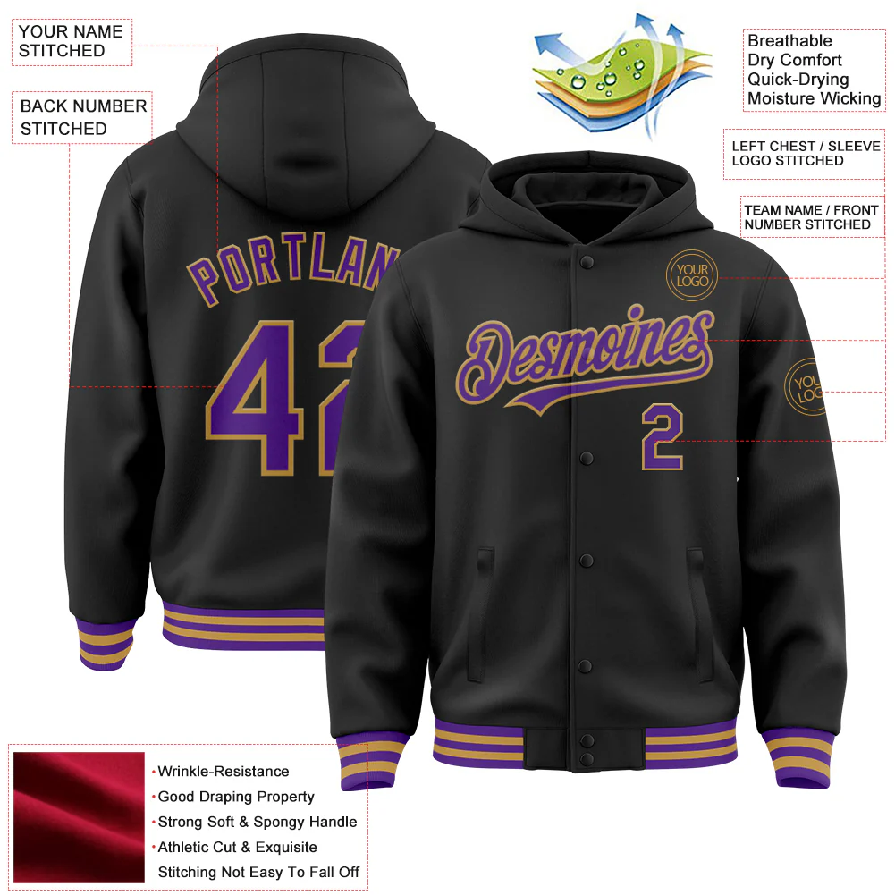 Custom Black Purple-Old Gold Bomber Full-Snap Varsity Letterman Hoodie Jacket - Image 4