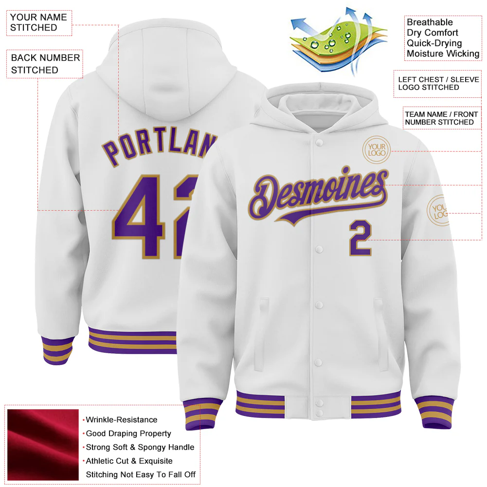 Custom White Purple-Old Gold Bomber Full-Snap Varsity Letterman Hoodie Jacket - Image 4