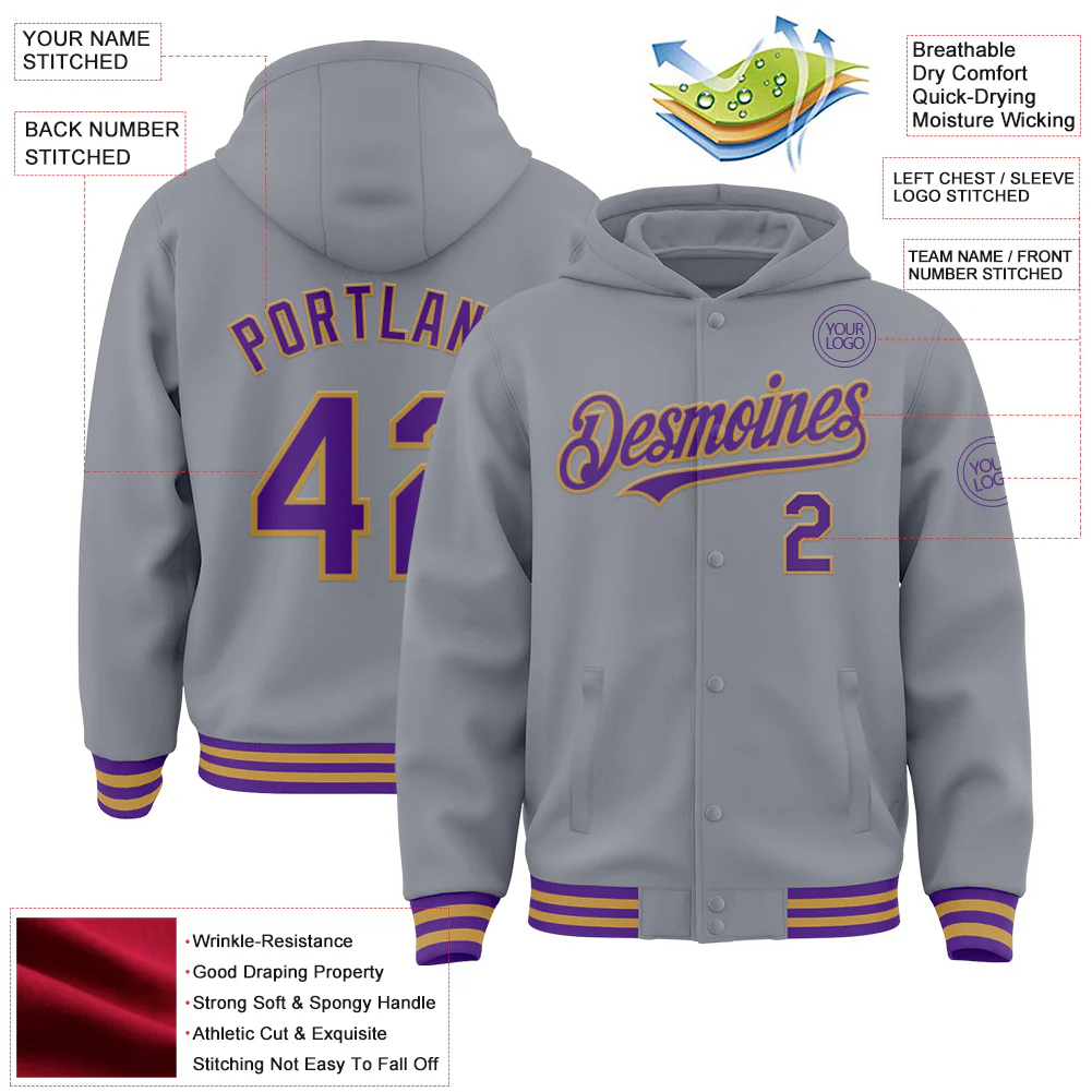 Custom Gray Purple-Old Gold Bomber Full-Snap Varsity Letterman Hoodie Jacket - Image 4