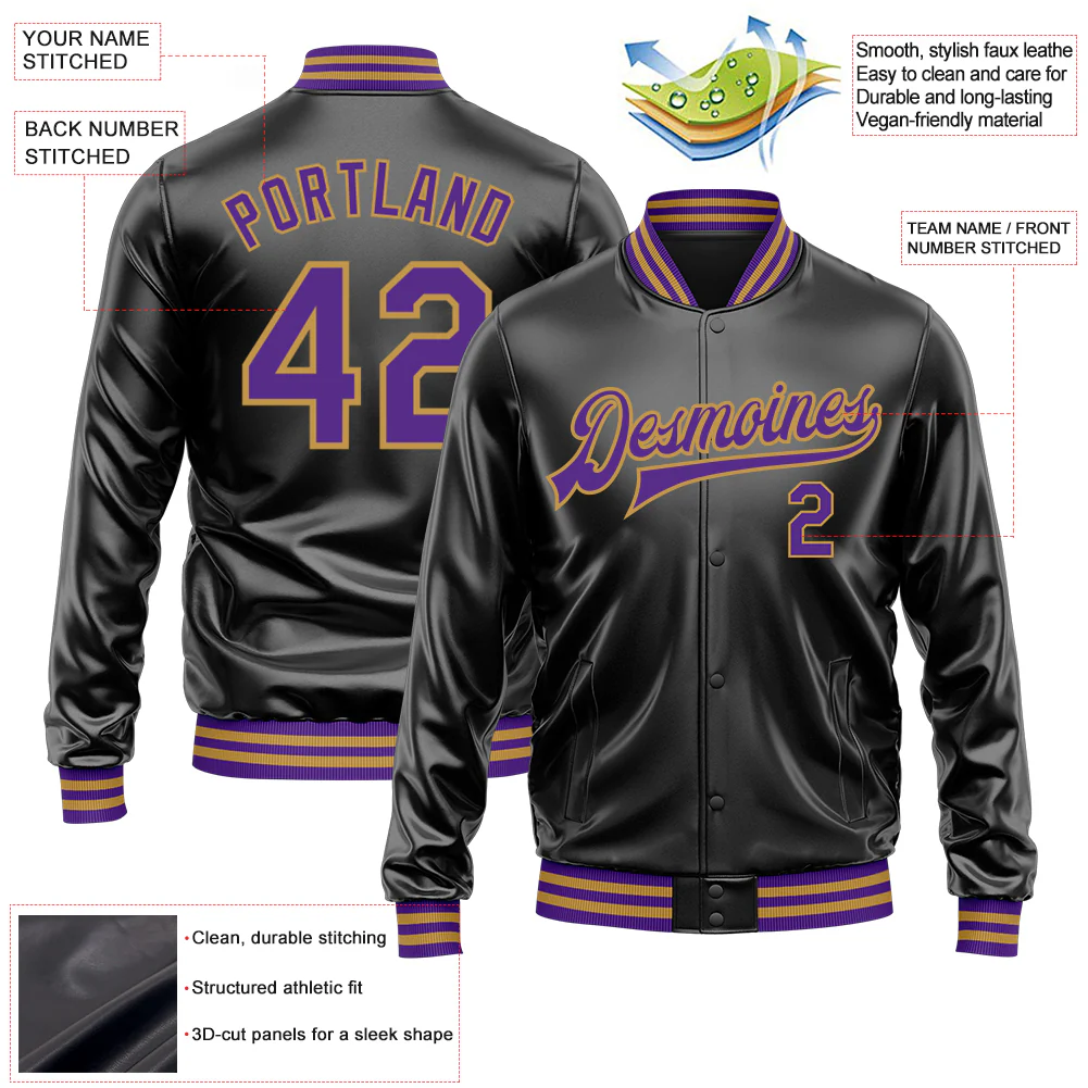 Custom Black Purple-Old Gold Bomber Full-Snap Varsity Faux Leather Letterman Jacket - Image 2